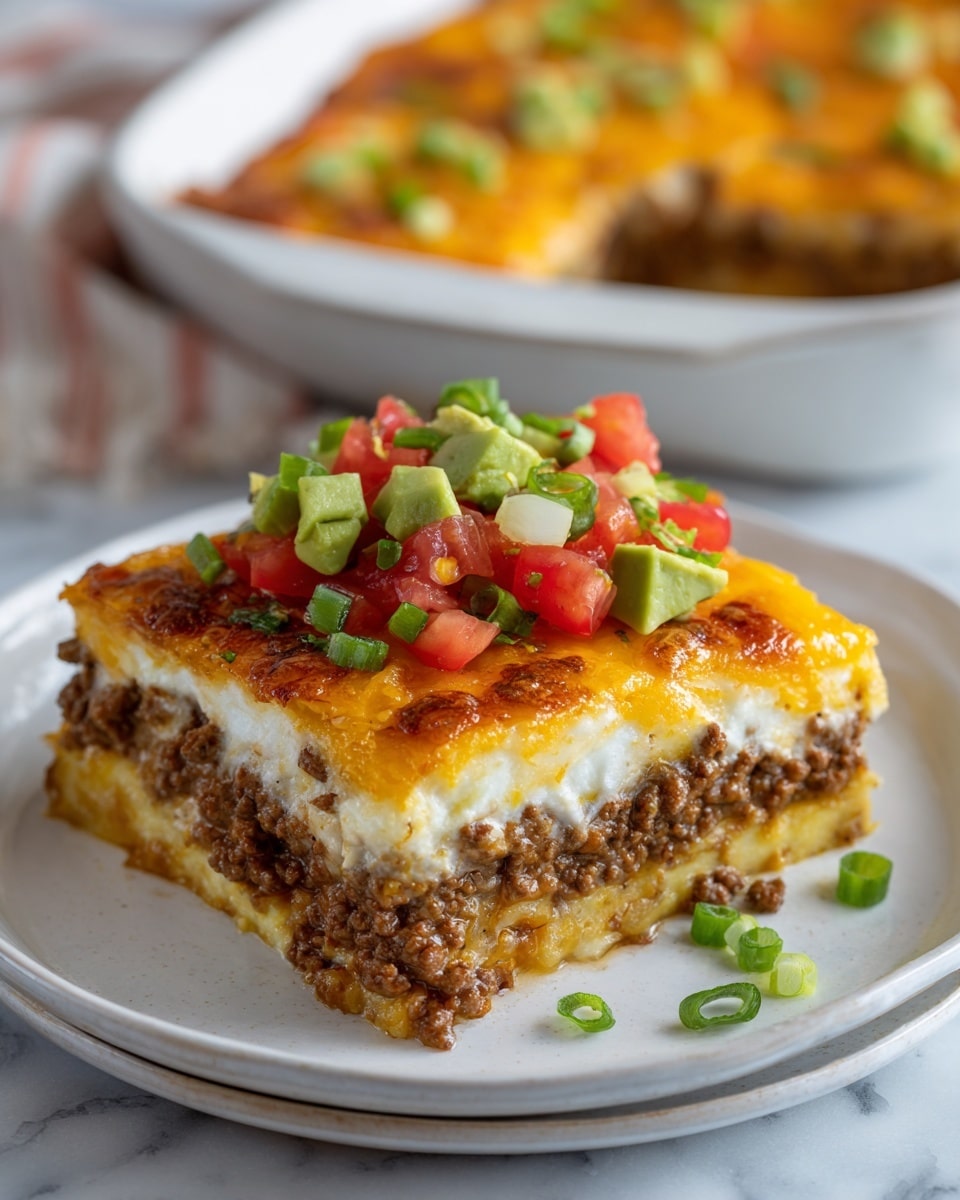 A square slice of a layered dish is placed in the center of a white plate on a white marbled surface. The bottom layer is a light brown pastry crust, followed by a thick, crumbly brown meat layer. On top of the meat is a thick white creamy layer, then a smooth bright orange cheese layer. The top layer consists of chopped bright red tomatoes, green onion slices, small chunks of green avocado, and scattered small dark pieces, all spread evenly. In the background, a clear glass baking dish filled with the same dish is visible with a similar slice missing. Photo taken with an iphone --ar 4:5 --v 7