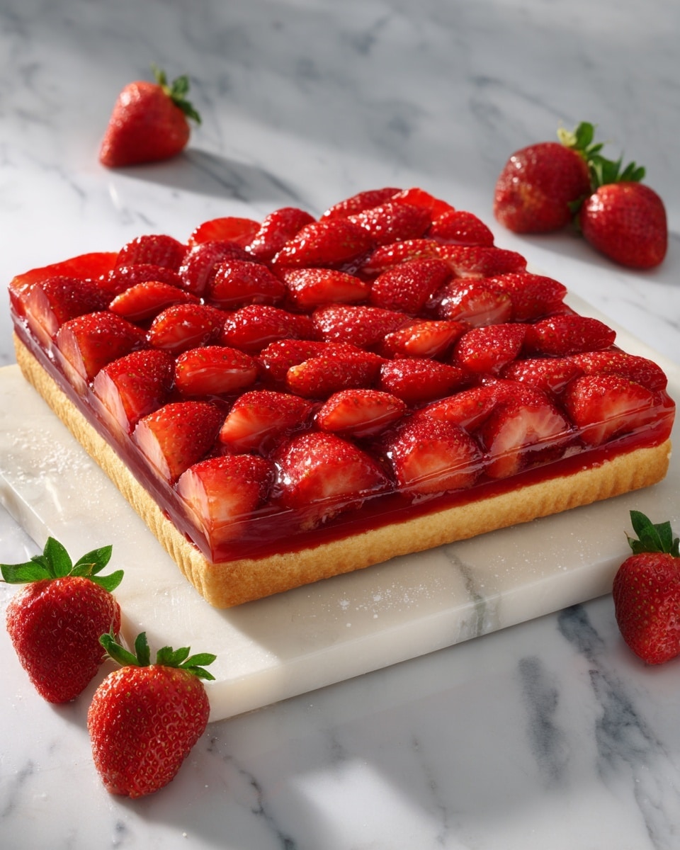 A square tart with a golden-brown crust at the bottom holds a layer of glossy red strawberries cut in halves and quarters, packed tightly and covered with a shiny glaze. The tart rests on a white marble board placed on a white marbled surface with soft natural light and shadows casting across. Around the tart, there are a few whole strawberries with fresh green leaves visible. Photo taken with an iphone --ar 4:5 --v 7