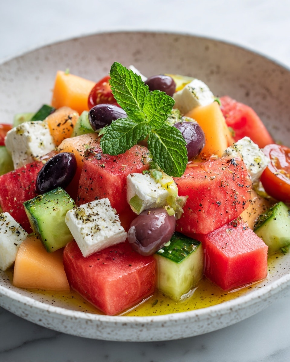 A white speckled plate holds a colorful salad arranged in one layer, mainly made of red watermelon cubes and orange cantaloupe pieces. Scattered throughout are small cubes of white cheese, dark purple olives, green cucumber chunks, and halved red cherry tomatoes. On top, a fresh green mint sprig adds a final touch. The salad is lightly seasoned with black pepper and drizzled with olive oil. The plate sits on a white marbled surface. photo taken with an iphone --ar 4:5 --v 7
