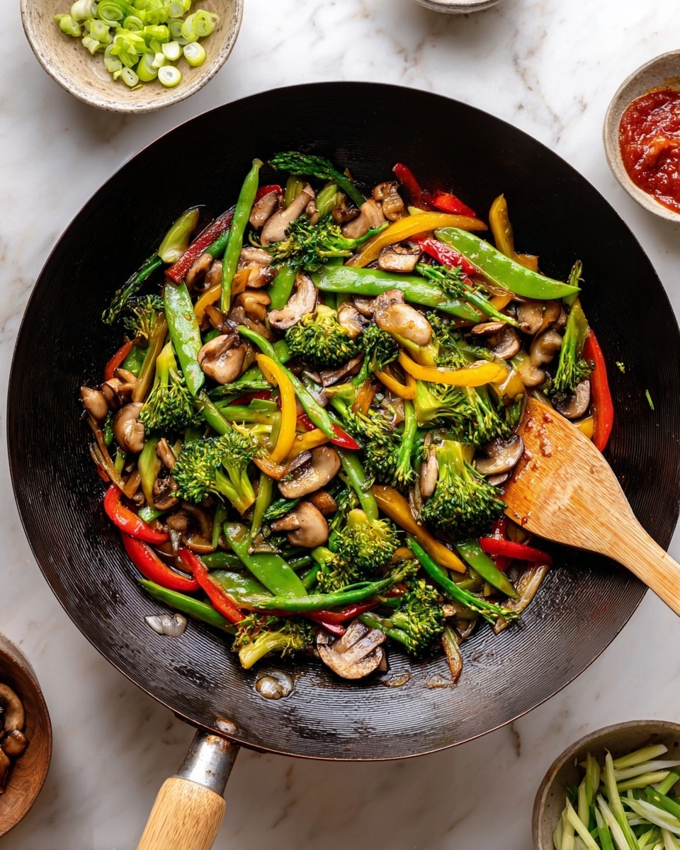 A black wok filled with a colorful stir-fry of fresh vegetables including bright green broccoli florets, snap peas, sliced brown mushrooms, and vibrant red and yellow bell pepper strips. The vegetables are mixed in a dark soy-like sauce and topped with sliced green onions and white sesame seeds. A wooden spatula is resting inside the wok, partially covered by the stir-fry. The wok is placed on a white marbled surface, next to a small white bowl filled with more sliced green onions and a striped cloth. A glass of water and a white plate are seen nearby. photo taken with an iphone --ar 4:5 --v 7