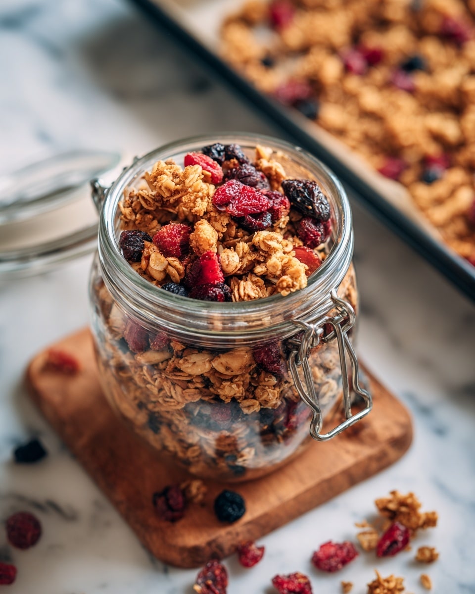 A small clear glass jar is filled with a mix of crunchy granola and bright dried berries. The granola pieces are golden brown with visible oats stacked loosely in layers, while the berries add pops of red and dark purple colors, both inside and spilling slightly over the jar’s open top. The jar sits on a wooden surface with some granola and berries scattered around it. In the blurry background, more granola clusters are spread on a tray. The photo has warm natural lighting with a soft focus on the jar. Photo taken with an iphone --ar 4:5 --v 7
