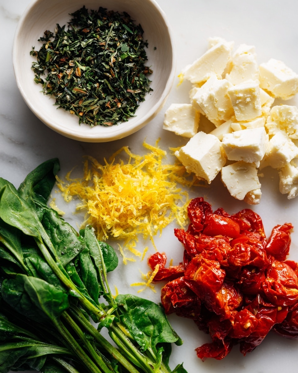 The image shows a close-up of several ingredients placed on a white marbled surface arranged in groups. In the top left corner, there is a small white bowl filled with finely chopped dark green herbs. To the right, there are chunks of white crumbly cheese scattered loosely. Below the cheese, there are bright red pieces of roasted or cooked tomatoes with a slightly glossy look. On the bottom left side, a bunch of fresh green spinach leaves are spread out loosely, with some leaves overlapping. Near the top left, close to the bowl, there are small piles of finely grated yellow zest. The overall arrangement is neat, with clear textures and vibrant colors. photo taken with an iphone --ar 4:5 --v 7