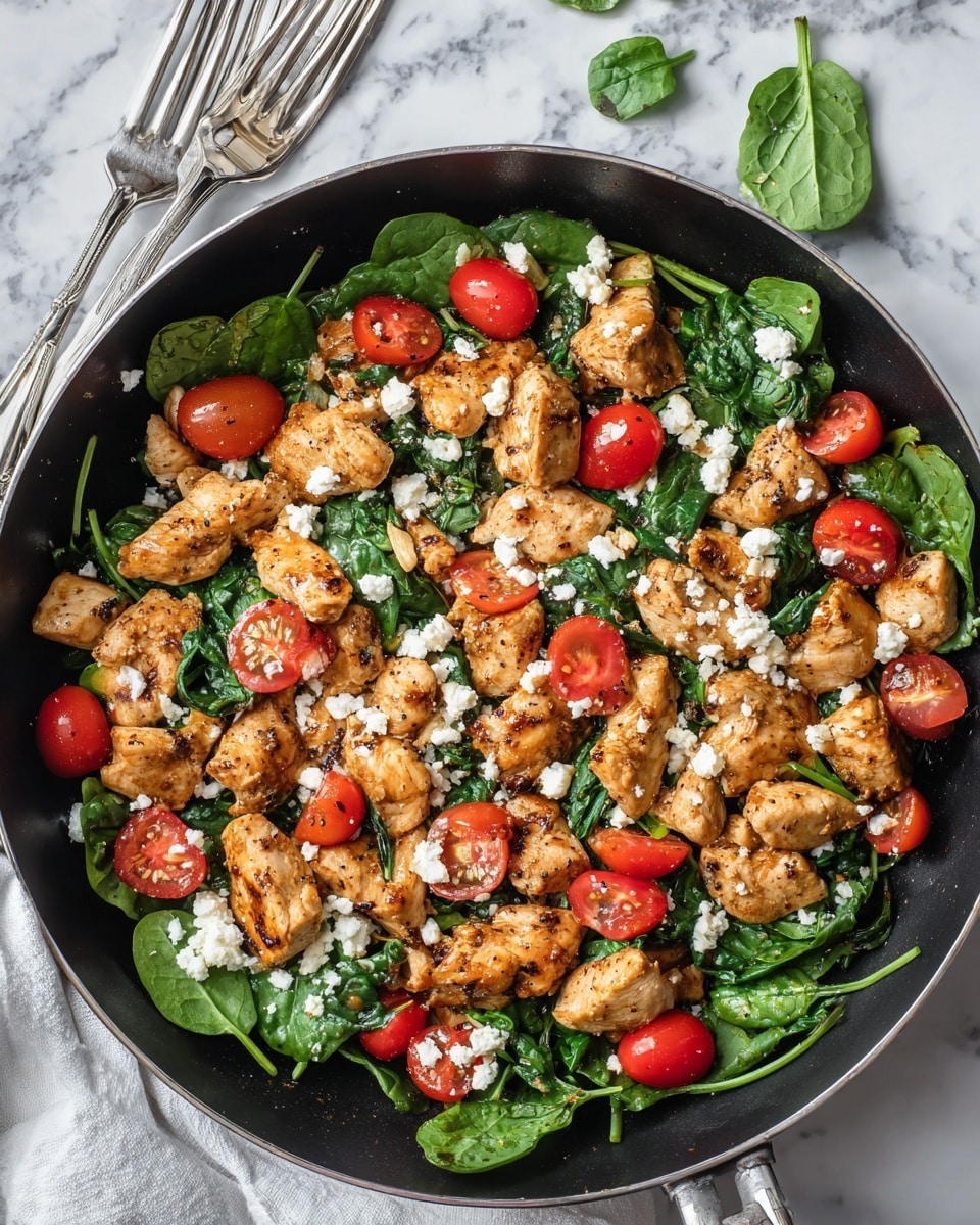 The dish is presented in a large white pan filled with several crispy golden-brown cooked chicken pieces scattered on top. Beneath and around the chicken are bright red cherry tomatoes, some whole and some split, giving a juicy texture. Fresh green spinach leaves are mixed in, adding a vibrant touch between the chicken and tomatoes. Small white crumbles of cheese are sprinkled evenly over the top, providing contrast against the red and green colors. The pan rests on a white marbled surface, with a woman's hand holding a pair of silver utensils above the pan. photo taken with an iphone --ar 4:5 --v 7