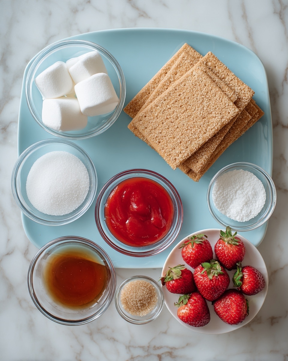 The image shows several ingredients placed neatly on a white marbled surface. There is a white plate holding rectangular cream crackers with small holes on top. Nearby, a white small bowl contains a rectangular block of yellow butter. A small white bowl filled with fine white powder, likely sugar or flour, is visible at the bottom. A glass measuring cup holds a pale cream liquid positioned near the top right. Beside it, a dark brown bottle with a label is placed close to the center. A white bowl filled with smooth, white whipped cream or similar texture is seen to the right. All items are spaced out clearly, and the lighting highlights their natural colors vibrantly. Photo taken with an iphone --ar 4:5 --v 7