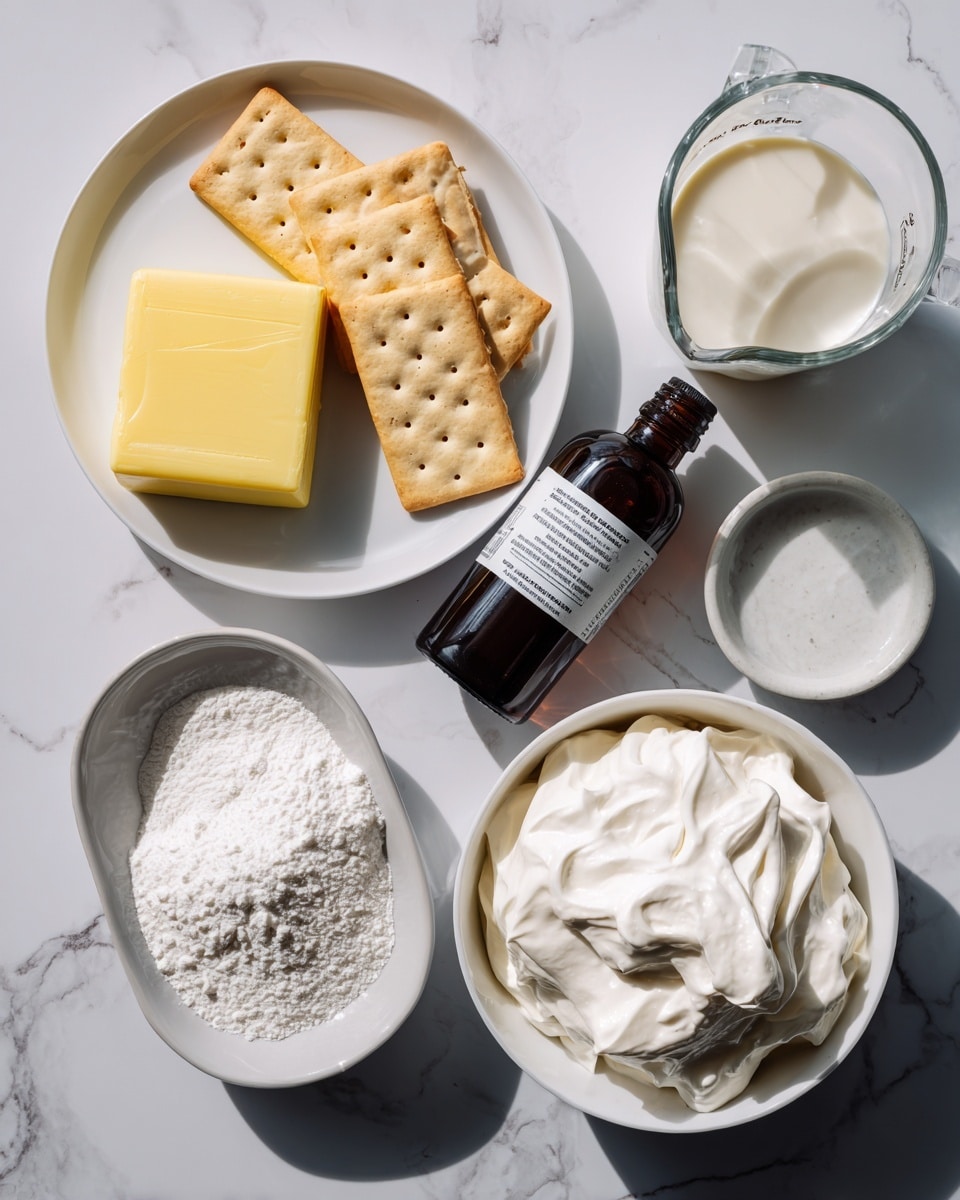 The image shows a light blue plate with several rectangular graham crackers stacked neatly on it. Surrounding the plate on a white marbled surface are six small glass bowls each containing different ingredients: one with white marshmallows, one with smooth red strawberry sauce, one with white powdery sugar, one with a light brown syrup, one with granulated white sugar, and another with fresh red strawberries with green stems placed in a white plate. The setup is organized and ready for making a sweet dessert. photo taken with an iphone --ar 4:5 --v 7