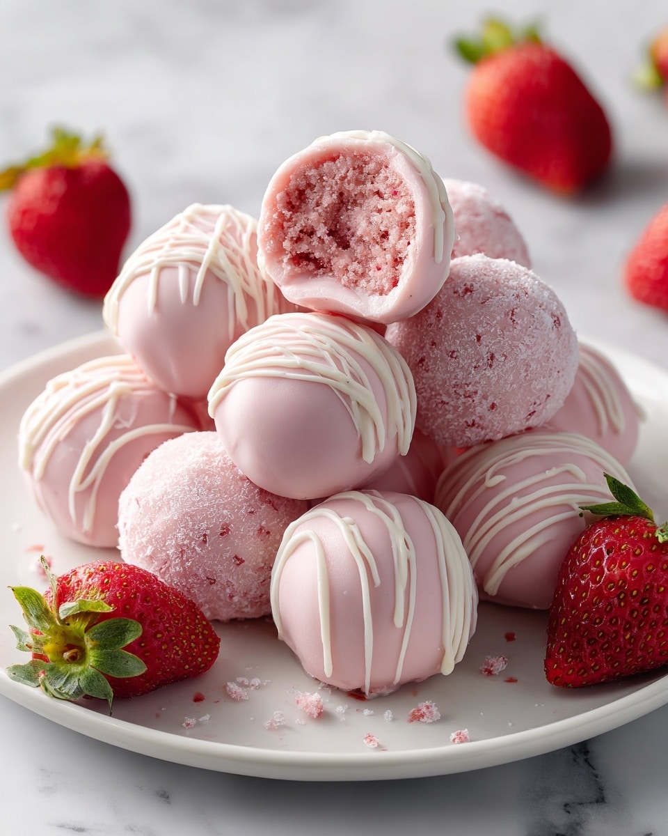 A white plate filled with two layers of round, pink cake balls, some decorated with white drizzle and others coated in pink sugar crystals. The cake balls are arranged in a pyramid shape on the plate. Around the plate, there are fresh red strawberries with green tops, placed on a white marbled surface. In the background, a wooden scoop filled with pink sugar crystals and more strawberries are visible, creating a soft and colorful setting. photo taken with an iphone --ar 4:5 --v 7