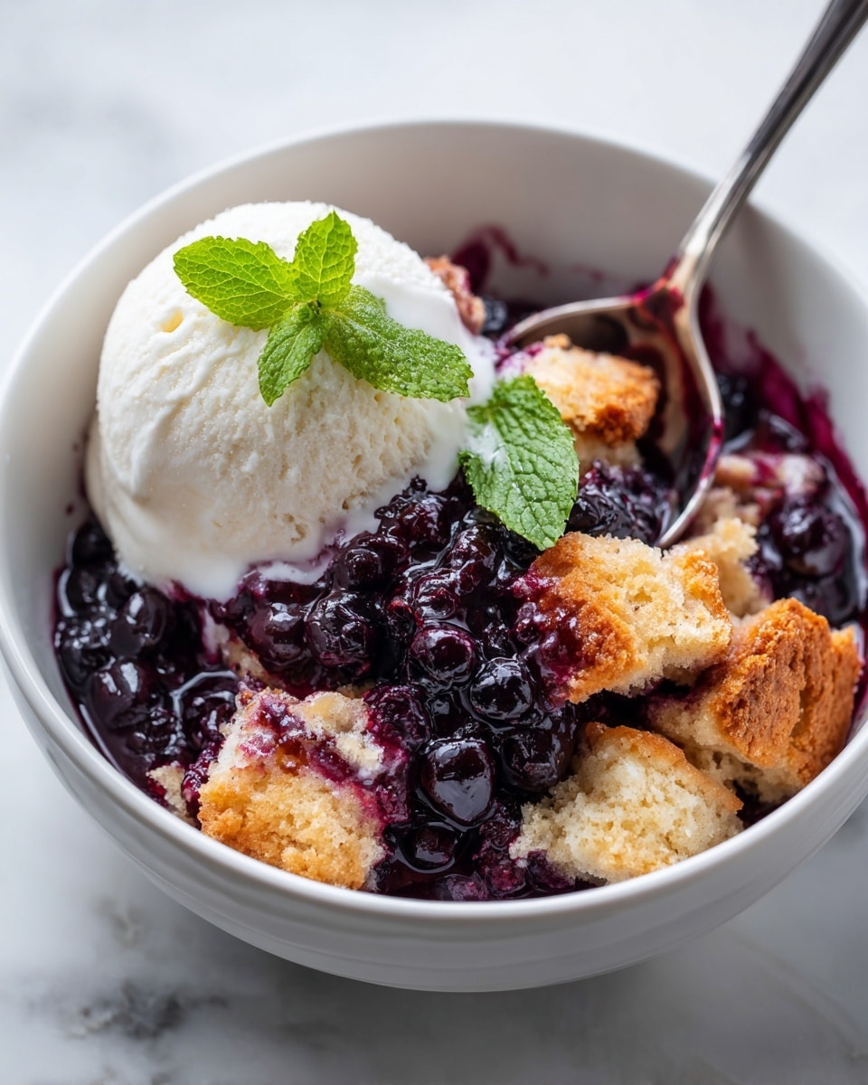 A white bowl on a white marbled surface holds a baked blueberry cobbler with a golden brown crust that is broken into uneven pieces spread over a deep purple blueberry filling, giving a glossy, juicy texture. On the left side of the bowl, there is a scoop of creamy white vanilla ice cream with a rough, slightly lumpy texture, topped with two fresh green mint leaves. A silver spoon is resting inside the bowl on the right side, partially submerged in the blueberry filling. Photo taken with an iphone --ar 4:5 --v 7