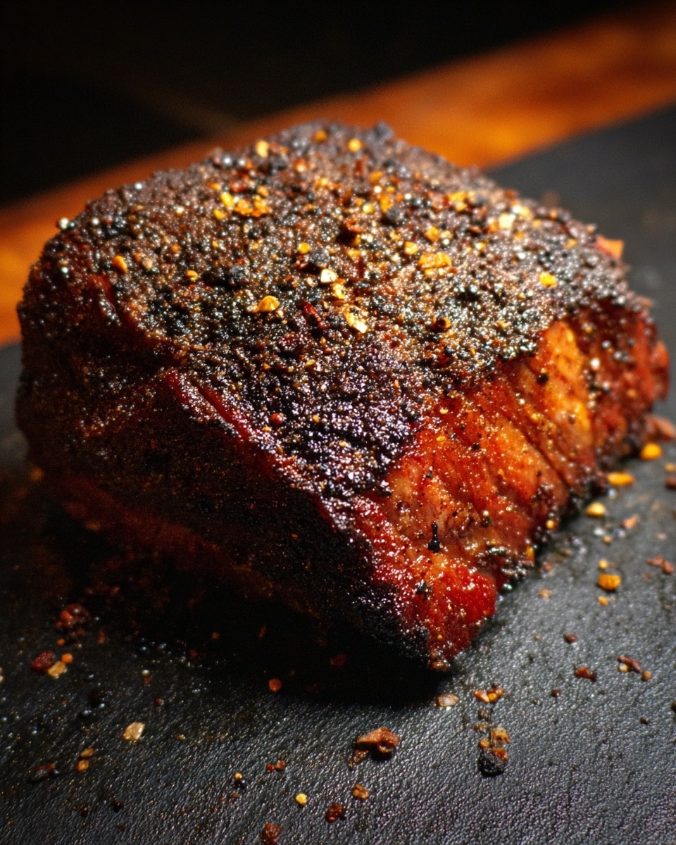 A thick piece of cooked meat with a dark, crispy, and textured outer layer that shows a mix of deep brown and black colors, resting on a dark surface with a hint of orange and black edges, suggesting a smoked or grilled finish, with visible pepper and spice rub on top. Photo taken with an iphone --ar 4:5 --v 7