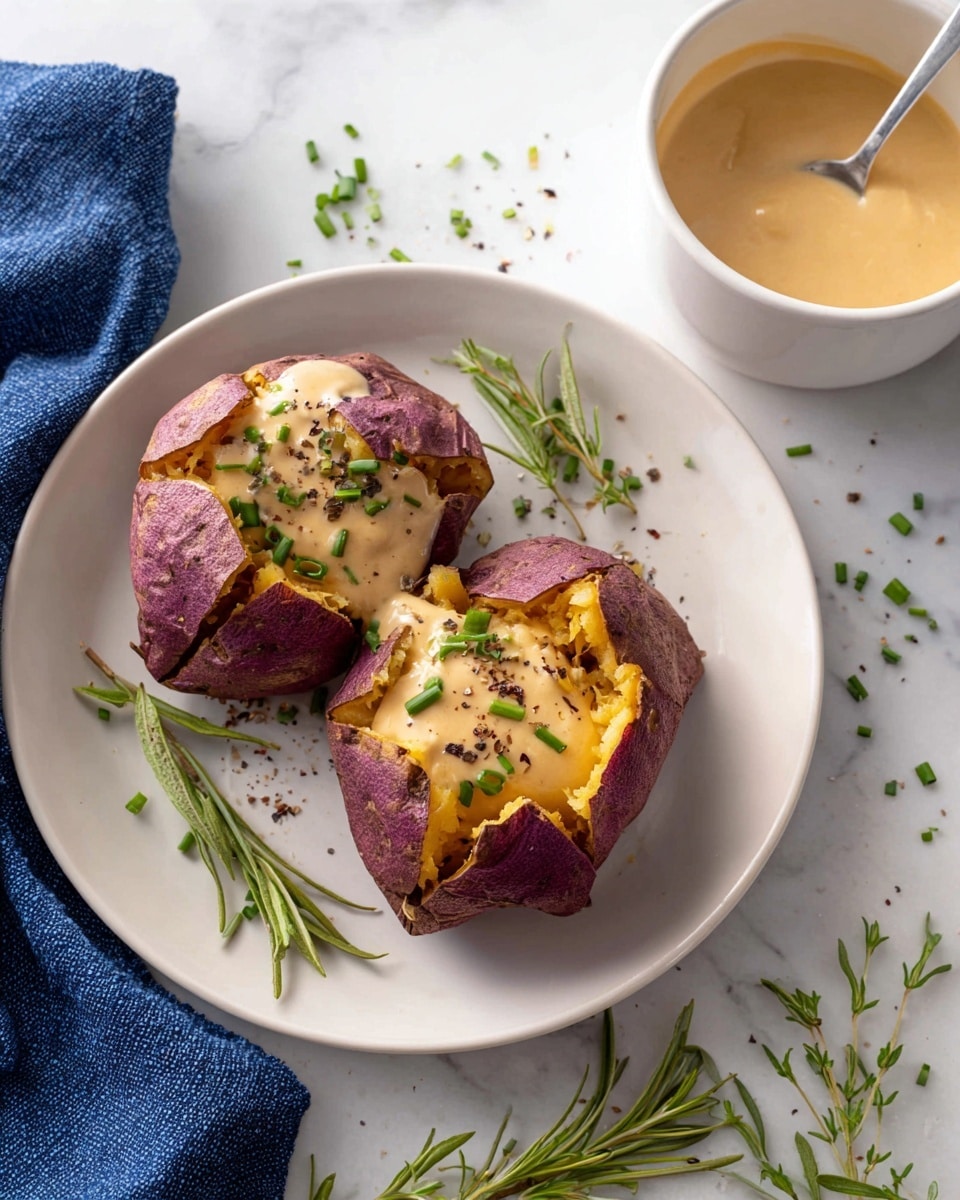 Two baked sweet potatoes with purple skins are split open and placed side by side on a round white plate. Inside, the soft yellow flesh is filled with a creamy, light brown sauce or spread that looks smooth and thick. Green chopped herbs, likely parsley or cilantro, are sprinkled on top, adding a fresh touch. The plate sits on a white marbled surface with scattered herbs around it. A white bowl containing more of the brown sauce is nearby with a metal spoon inside, and a dark blue cloth napkin is partly visible. Photo taken with an iphone --ar 4:5 --v 7