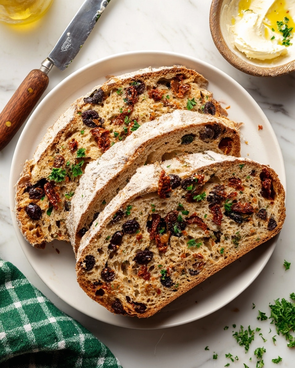 The image shows a loaf of rustic bread with three visible slices, each slice showcasing a light brown crust with a flaky, slightly crispy texture and a soft, airy inside filled with bits of dark olives and red sun-dried tomatoes scattered throughout. The bread sits on a white plate with a few small parsley leaves sprinkled around. To the top left, a small bowl holds creamy white butter with a golden honey drizzle and a few red spice flakes on top. To the right, there is a butter knife with a wooden handle placed on a white marbled surface, next to some small bread crumbs. A green and white checkered cloth is partially visible in the lower left corner. Photo taken with an iphone --ar 4:5 --v 7
