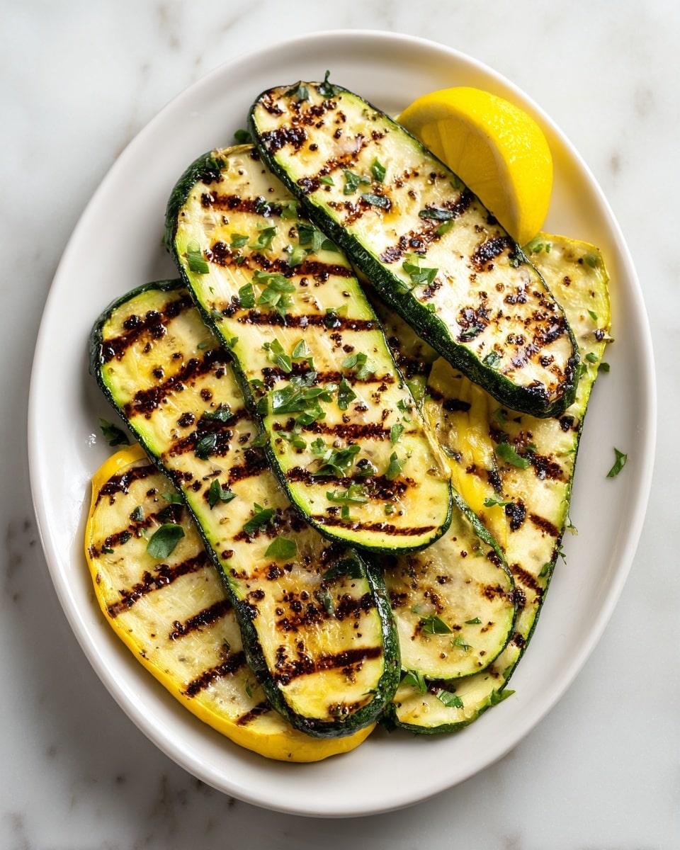 The image shows a white oval plate on a white marbled surface filled with three slices of grilled zucchini. Each slice is large, green on the edges and light yellow inside, with dark brown grill marks crossing diagonally. The zucchini slices are sprinkled with green herbs and small bits of seasoning. A woman's hand is holding a half lemon on the upper right side of the plate, ready to squeeze. photo taken with an iphone --ar 4:5 --v 7