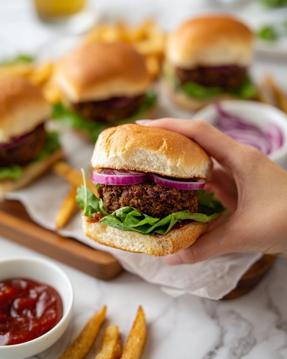 The image shows three small white sandwich buns each layered with a thick, dark brown cooked patty in the center. Each sandwich has fresh, green leafy lettuce on the bottom bun and thin slices of purple onion on top of the patty. The sandwich being held by a woman's hand in the foreground has a bit of red sauce dripping from the side. All sandwiches sit on a wooden board on a white marbled surface. On the marbled surface are some golden brown fries scattered near the bottom right corner, and a small bowl of red sauce sits nearby. The background is a white tiled wall with a clear glass bottle slightly out of focus. photo taken with an iphone --ar 4:5 --v 7
