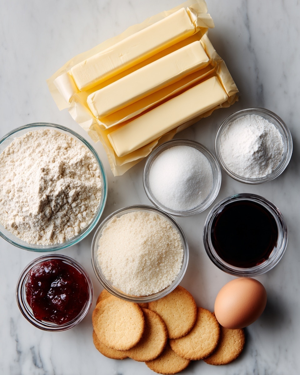 The image shows a white marbled surface with ingredients for a recipe arranged neatly. At the top, three sticks of butter wrapped in yellow and white paper are stacked horizontally. Below them are three clear glass bowls filled with white sugar, flour, and powdered sugar placed from left to right. Around these bowls are round beige crackers scattered. In the center bottom, there are two small bowls: one with a red jelly and another with a dark syrupy liquid. An egg is placed near the bowls of flour and sugar. The overall look is clean and organized, with soft natural light. photo taken with an iphone --ar 4:5 --v 7