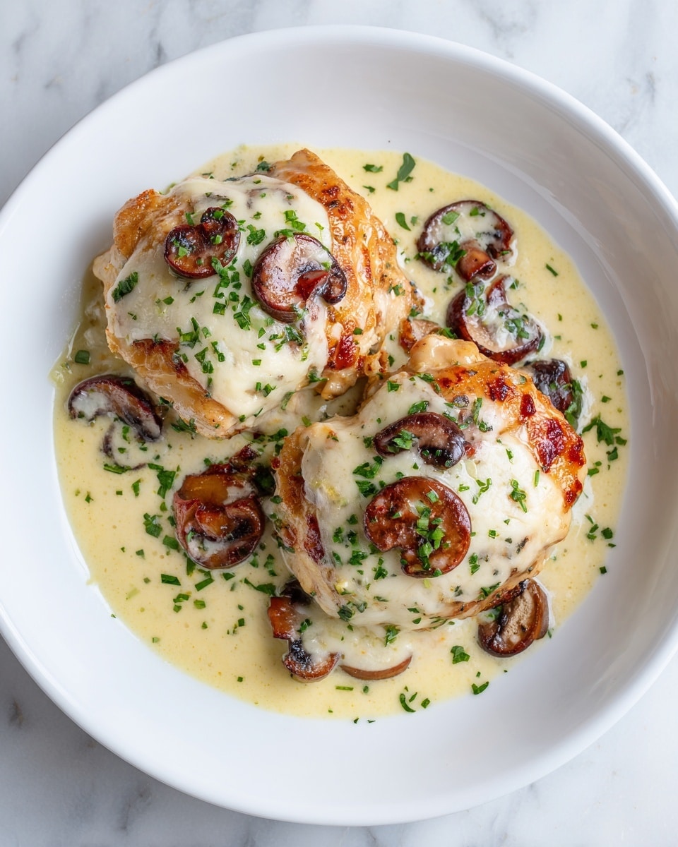 The image shows two cooked chicken pieces on a clean white plate, placed on a white marbled surface. Each chicken piece is covered with melted, light yellow cheese that looks creamy and soft, with golden brown edges. There are small slices of cooked mushrooms, which are brown and smooth, resting on and around the chicken. The dish is topped with finely chopped green herbs, scattered evenly for color contrast. A shiny, light yellow sauce covers the plate base, giving a slight glossy look to the food. photo taken with an iphone --ar 4:5 --v 7