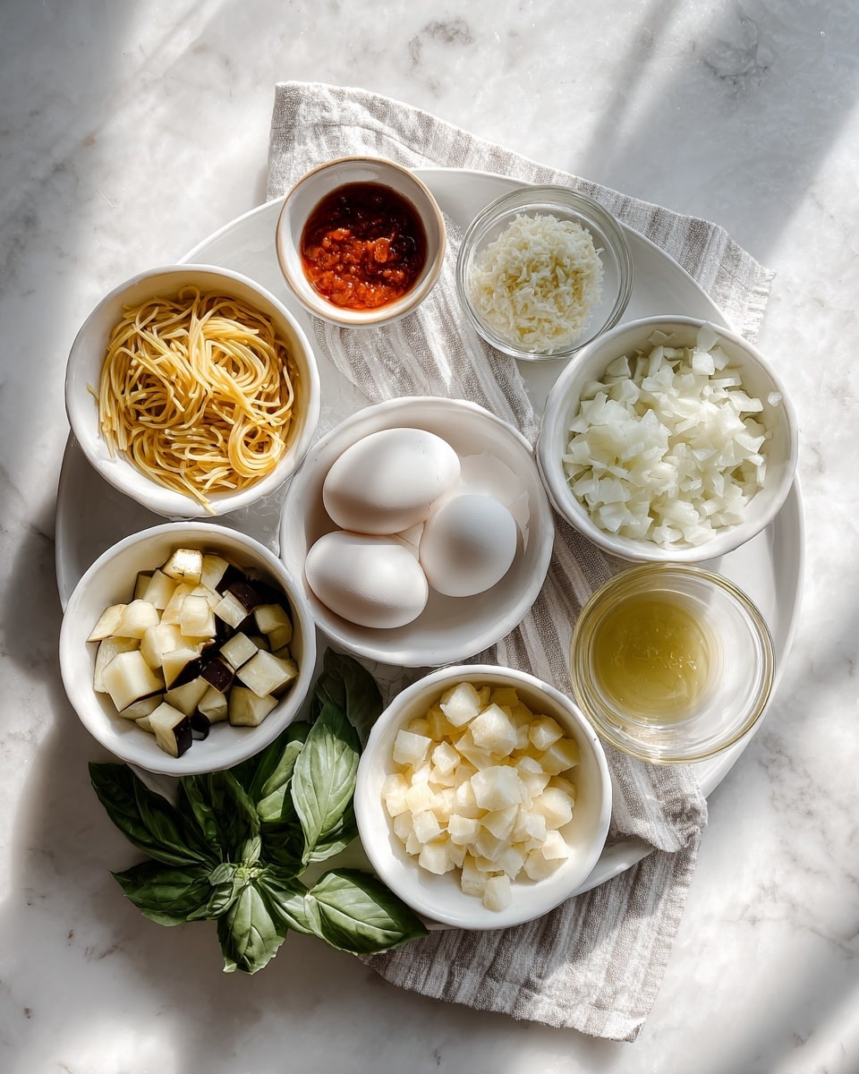 The image shows a white round tray on a white marbled surface. On the tray, there are seven white bowls arranged sitting on a striped cloth. Starting from the top right going clockwise: a bowl full of chopped white onions, a small container with a reddish sauce, a bowl with yellow dry pasta, a bowl with two white eggs, a bowl filled with cubed eggplants, a clear container with light yellow sauce, and a small bowl holding finely chopped garlic. Fresh green basil leaves sit on the marbled surface near the tray edges. The light is soft, creating gentle shadows. photo taken with an iphone --ar 4:5 --v 7