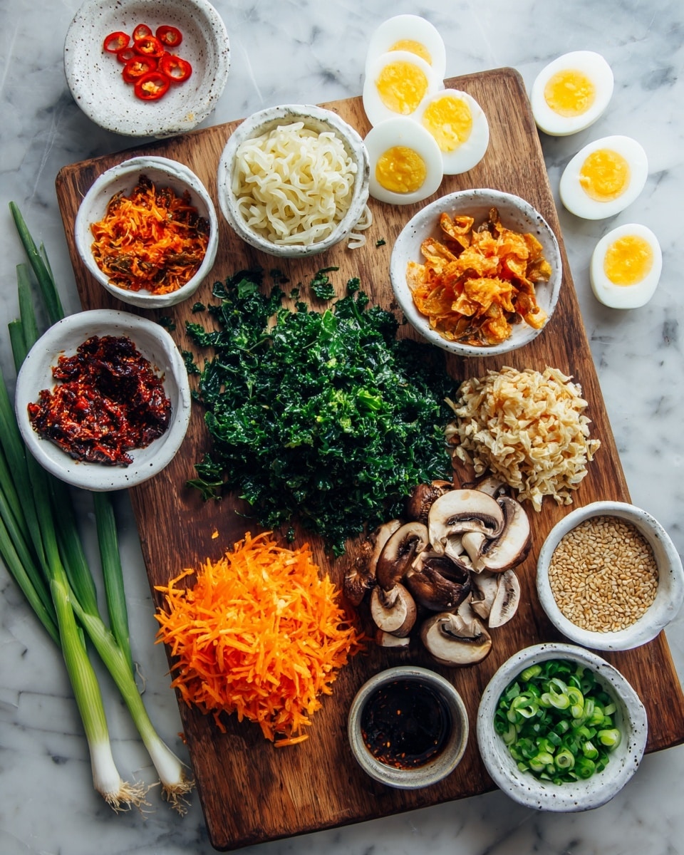 The image shows a wooden cutting board placed on a white marbled surface with fresh ingredients arranged around it. On the board are roughly chopped green leafy vegetables and sliced brown mushrooms with soft textures. Around the board, there are small white bowls containing bright orange shredded carrots, dark red chili paste, golden crispy ginger pieces, sesame seeds, and sliced green onions. A white bowl with cooked noodles and another with hard-boiled eggs cut in half sit nearby. A woman's hand is seen holding a sliced red chili on the top left. The colors are vibrant and fresh with a mix of green, orange, brown, and yellow tones, creating a natural and colorful cooking setup. photo taken with an iphone --ar 4:5 --v 7