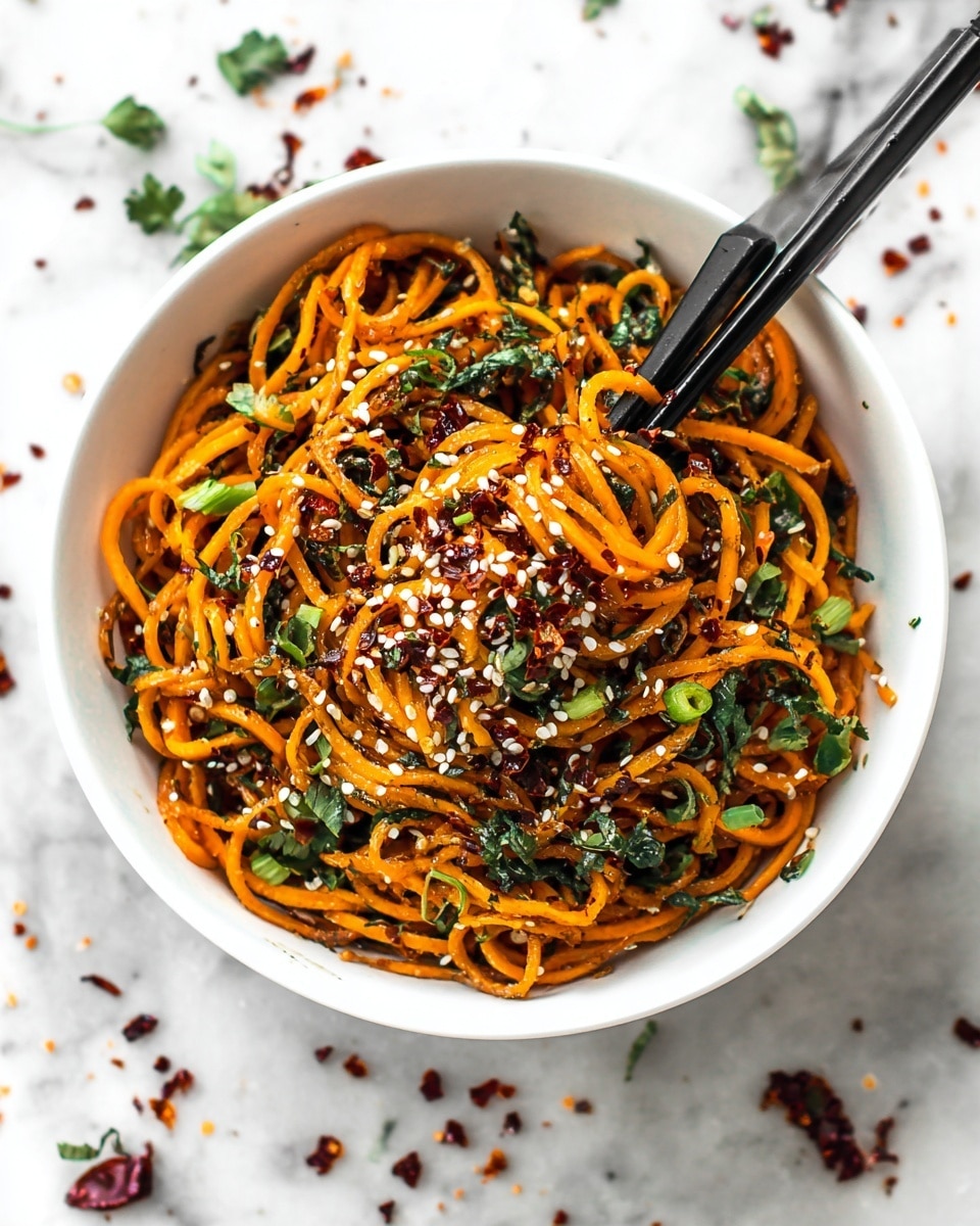 A white bowl is filled with bright orange cooked noodles that look shiny and soft. The noodles are mixed evenly with green slices of spring onions and bits of dark red chili flakes scattered throughout. White sesame seeds are sprinkled on top, adding texture. A pair of black chopsticks rests on the edge of the bowl on the left side. The bowl sits on a white marbled surface with some chili flakes and green herbs scattered around it. photo taken with an iphone --ar 4:5 --v 7