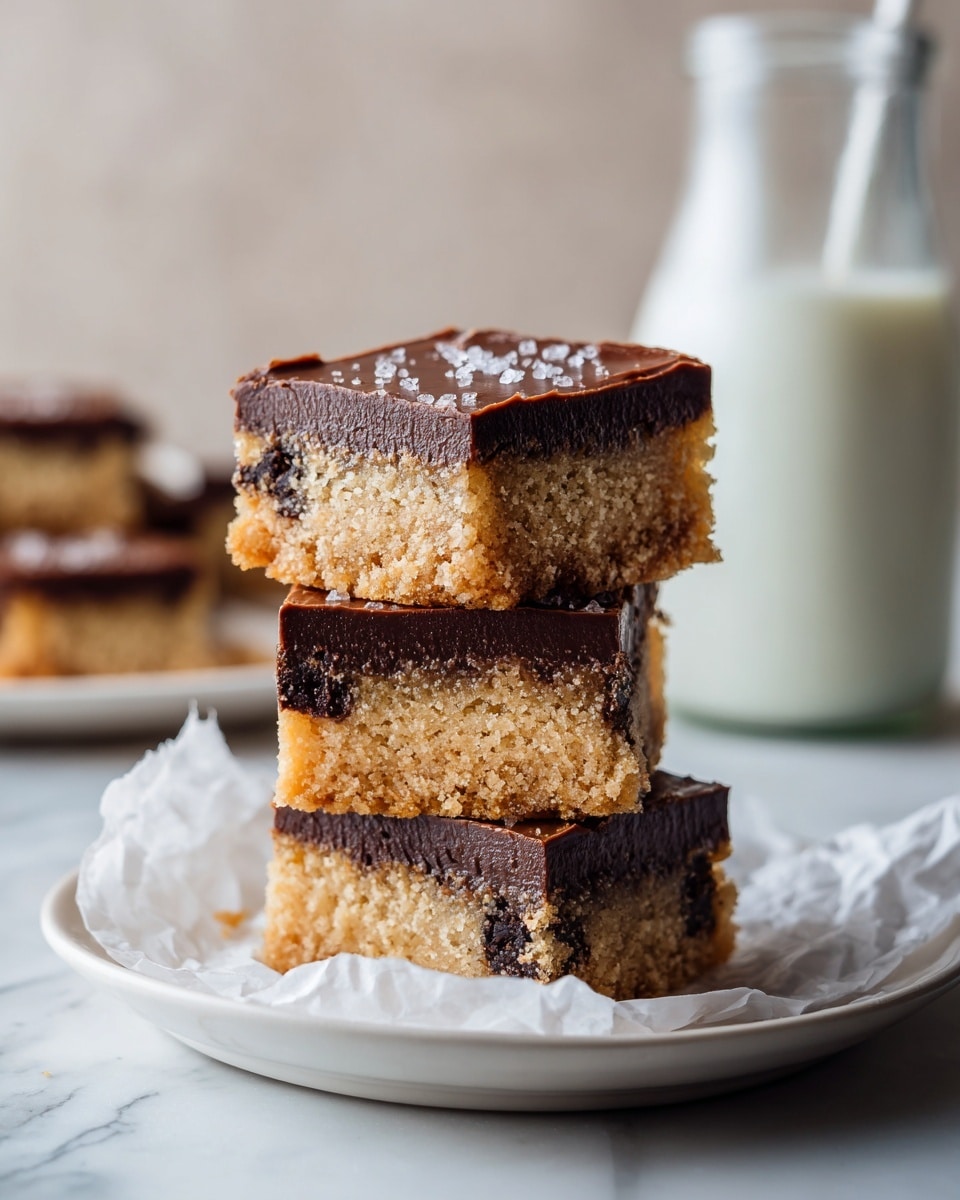 Three square bars are stacked on a white plate lined with parchment paper, each bar showing two layers: a dense, light brown bottom layer with large dark chocolate chips, and a slightly thinner, darker chocolate top layer sprinkled with coarse salt. The edges are rough and textured, and the stack leans slightly. In the background, there is a clear glass of milk and a white marbled surface. Photo taken with an iphone --ar 4:5 --v 7