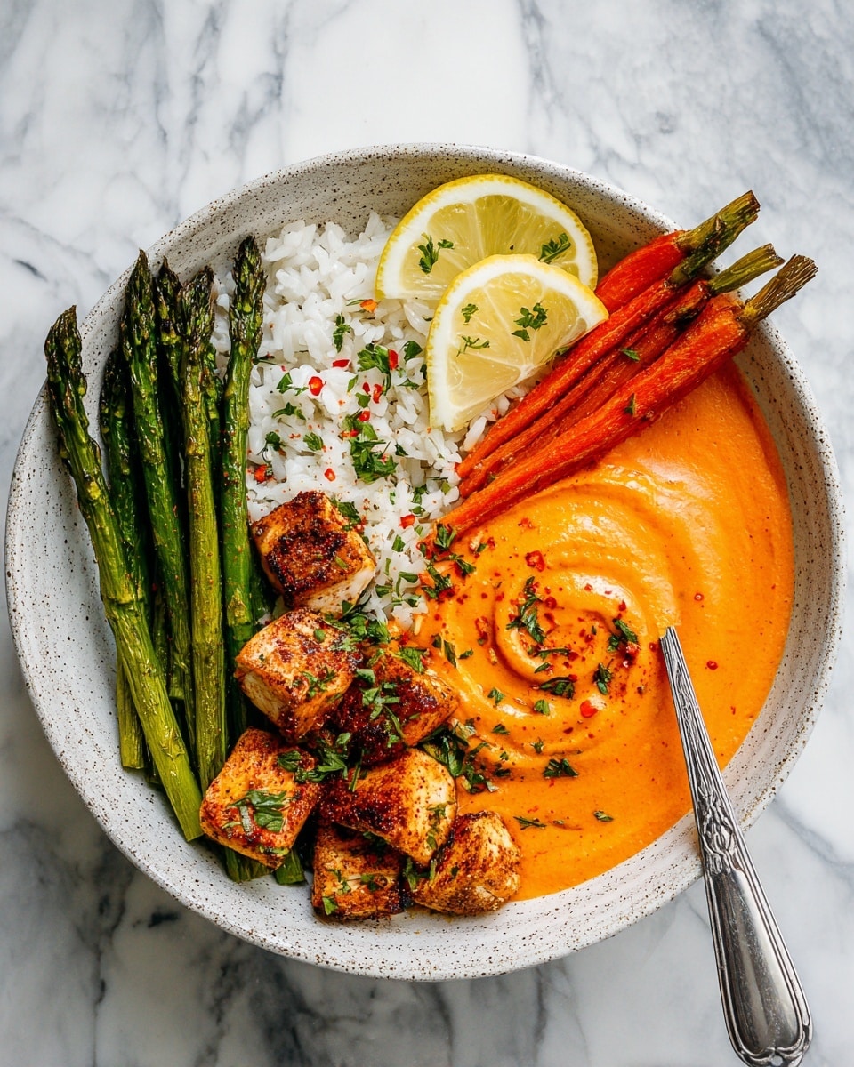 A white bowl contains a colorful meal with five main layers. On the left side, there are bright green asparagus stalks, grilled and stacked close together. Next to them, white cauliflower rice sits beneath the asparagus. In the center and right side, there are orange roasted carrot sticks standing upright against a swirl of smooth, thick red-orange sauce spread along the right edge of the bowl. In front of the sauce, there are golden-brown seasoned tofu cubes sprinkled with fresh green chopped herbs. Two thin lemon slices rest on the carrots near the tofu, adding a touch of light yellow. A silver fork is placed in the bowl on the left side, resting on the cauliflower rice. The bowl sits on a white marbled surface with scattered green herbs and red flakes nearby. photo taken with an iphone --ar 4:5 --v 7