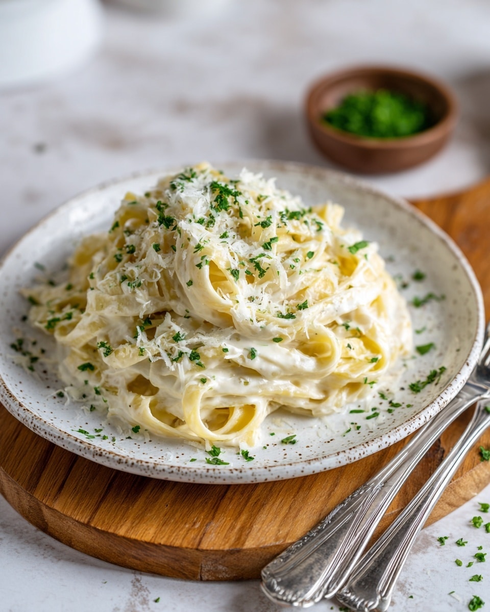 A close-up view of a creamy fettuccine pasta dish in a white speckled shallow bowl, showing two layers: a thick, smooth white sauce coating the pasta and a soft, pale yellow pasta layer underneath with flat, broad noodles folded loosely. The top is sprinkled with finely grated white cheese and small green parsley leaves scattered unevenly, adding fresh color contrast. The bowl is set on a warm wooden board with two vintage silver forks resting inside the pasta. In the blurred background, a bowl with more green herbs sits on a white marbled surface. photo taken with an iphone --ar 4:5 --v 7