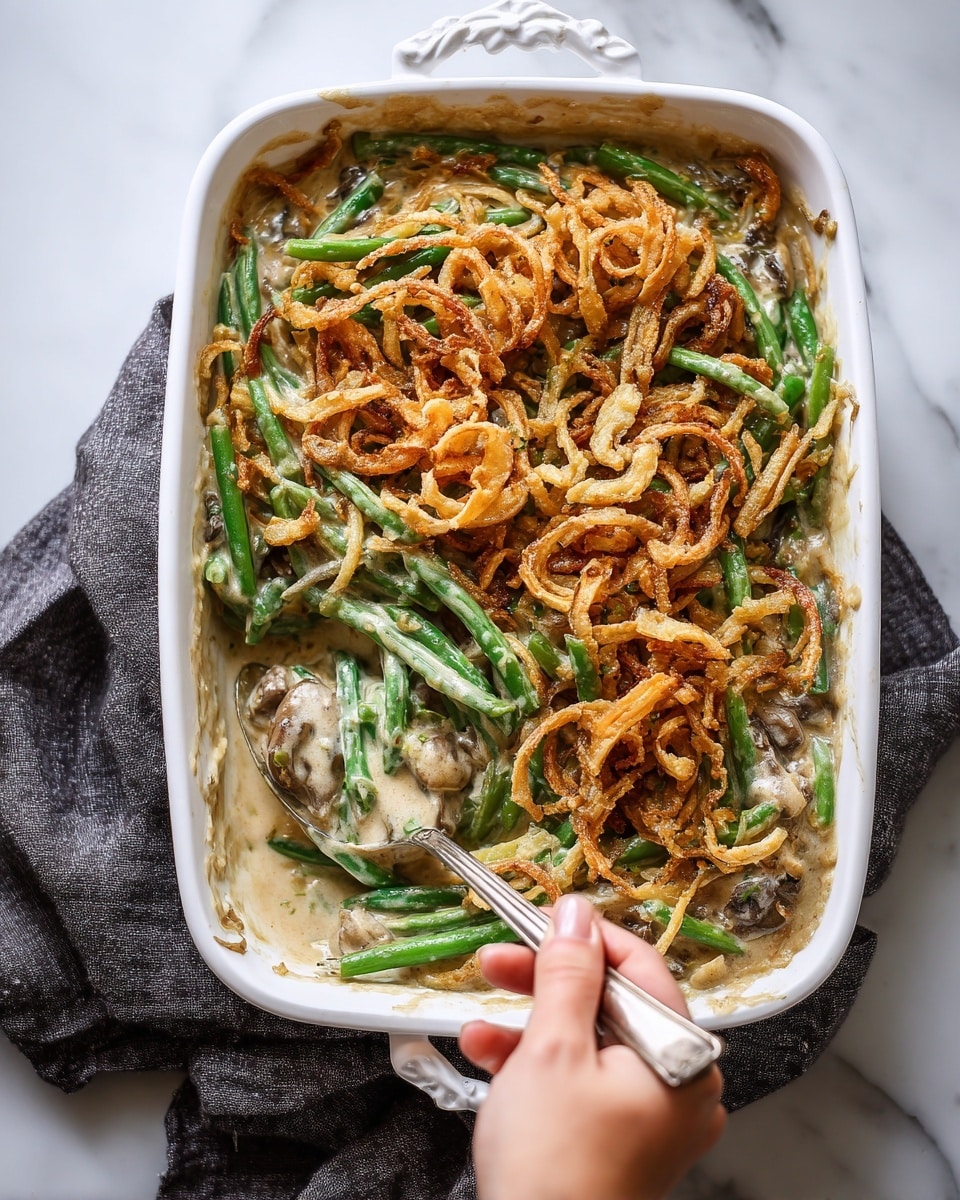 This image shows a white rectangular baking dish filled with a green bean casserole. The bottom layer has green beans mixed with a creamy beige sauce. On top, there is a thick layer of crispy golden-brown fried onions scattered evenly across the whole surface. A silver spoon is scooping some of the casserole, pulling up a mix of green beans, sauce, and crispy onions. The dish is placed on a dark gray cloth with a white marbled texture surface in the background. Photo taken with an iphone --ar 4:5 --v 7