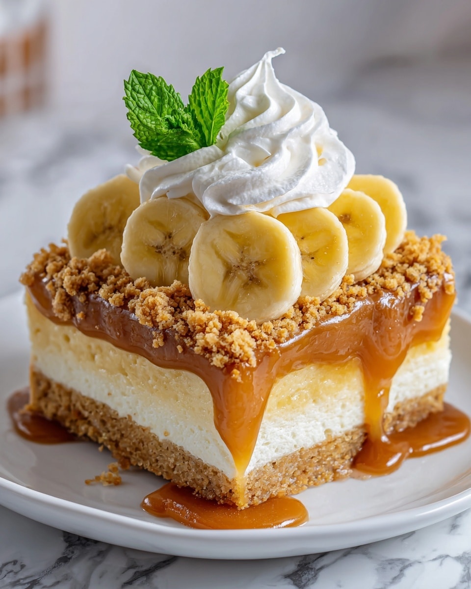 A square piece of soft yellow cake sits on a white plate over a white marbled surface. The cake is topped with a thick layer of white cream, covered in a crumbly brown topping. Several round banana slices rest on top of the crumbly layer, surrounding a swirl of white whipped cream in the middle. A small green mint leaf is placed on the whipped cream. Golden caramel sauce pools around the cake on the plate. Photo taken with an iphone --ar 4:5 --v 7