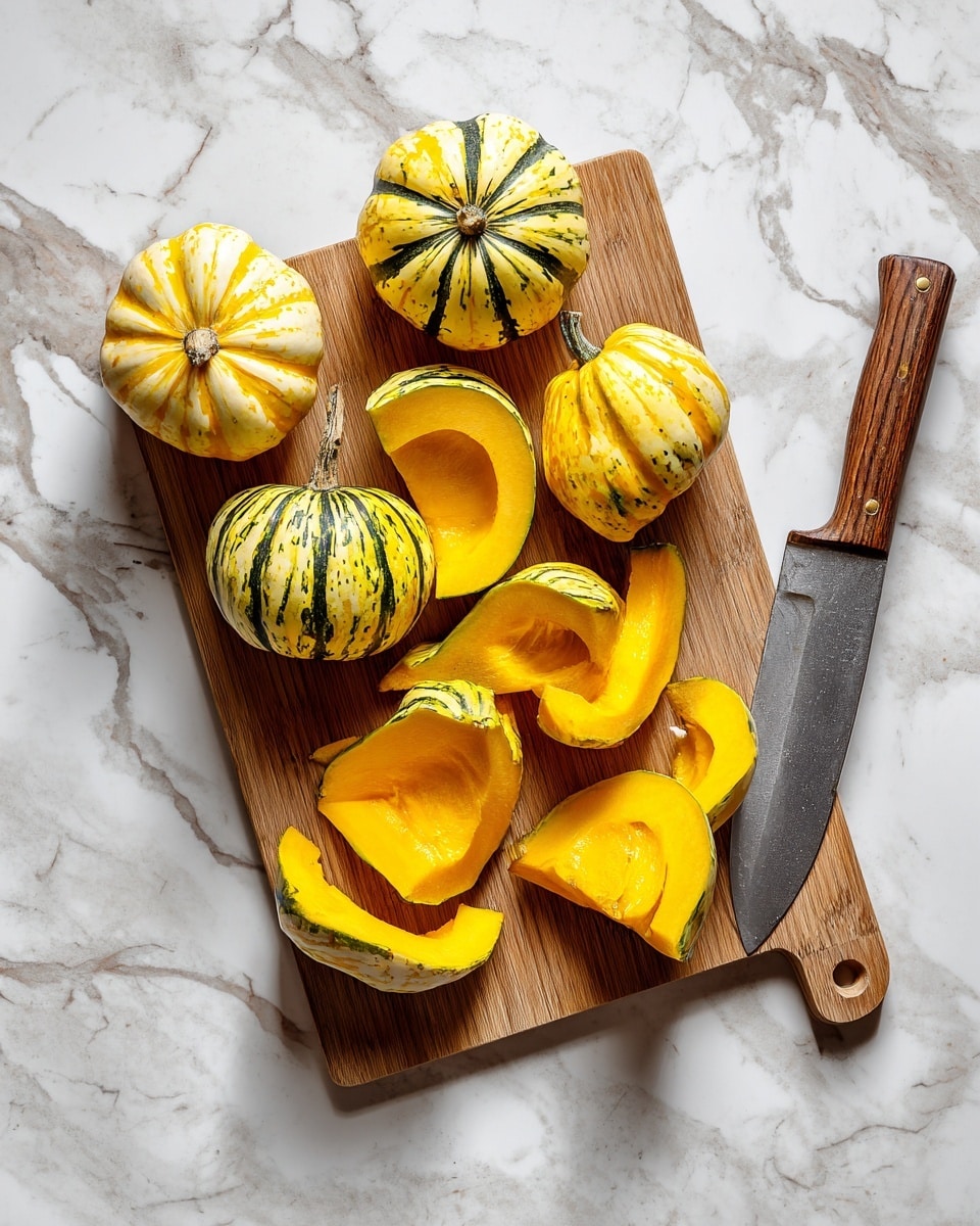 The image shows a wooden cutting board on a white marbled surface. On the cutting board are several small striped yellow and green squashes, with some whole and some sliced into thick rings. The slices show a bright yellow inside with smooth texture, and some pieces are in a half-moon shape. A large knife with a wooden handle rests on the right side of the cutting board. Photo taken with an iphone --ar 4:5 --v 7