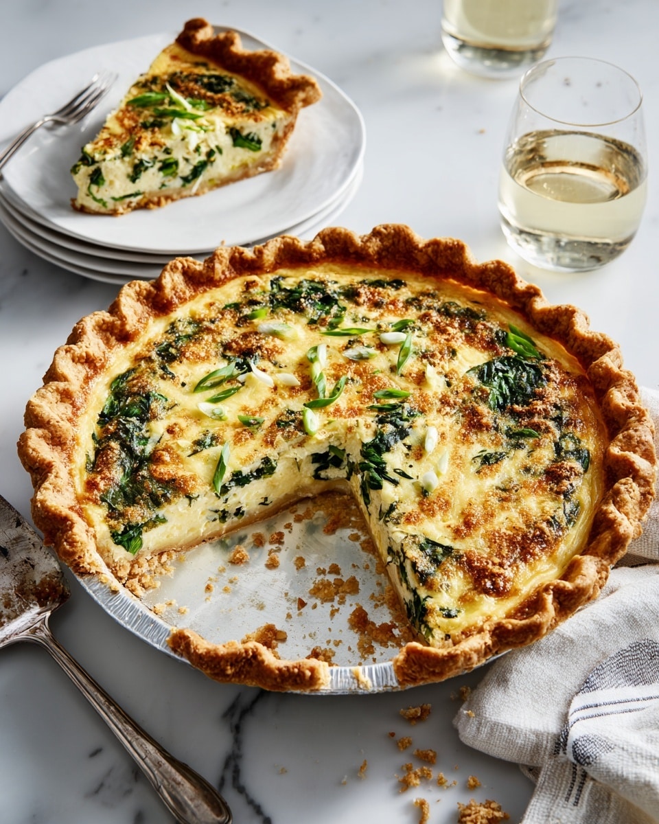 The image shows a spinach quiche with a golden-brown crust that is thick and crimped around the edges. The filling is mostly green from cooked spinach mixed with small white bits of cheese and pieces of green onion spread evenly on top. One slice is pulled out slightly from the rest, placed on a stack of two white plates, showing the layers of flaky crust and creamy filling inside. The quiche is on a round metal tart pan, and a metal pie server with crumbs is next to it. The background is a white marbled surface with a striped cloth nearby, a glass of water, and a glass of a pale yellow drink. photo taken with an iphone --ar 4:5 --v 7