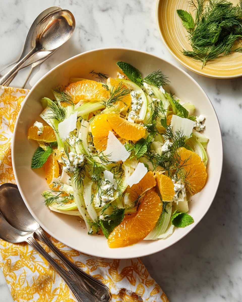 A white bowl filled with a fresh salad that has thin, pale green strips of fennel layered with bright orange slices spread evenly throughout. On top, there are scattered dark green mint leaves and thin, translucent white cheese shavings. Small bits of herbs and seeds are sprinkled all over, adding texture and color. The bowl is placed on a white marbled surface next to silver salad servers, and a white cloth with small yellow patterns is partially visible at the bottom left. A small white plate with thin green herbs sits above the bowl. Photo taken with an iphone --ar 4:5 --v 7