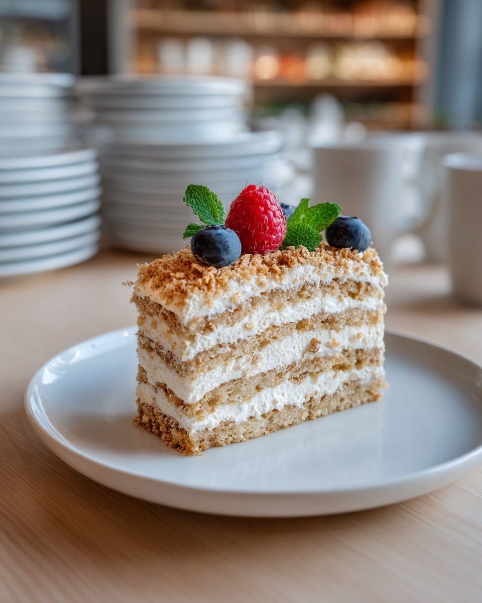 A slice of layered cake with multiple thin, even layers of light brown cake and creamy filling stacked neatly. The top layer is covered with fine crumbs and decorated with a fresh red raspberry, two blueberries, and two green leaves. The slice is placed on a white round plate on a white marbled surface. In the background, there is a blurred grey cup and saucer. photo taken with an iphone --ar 4:5 --v 7