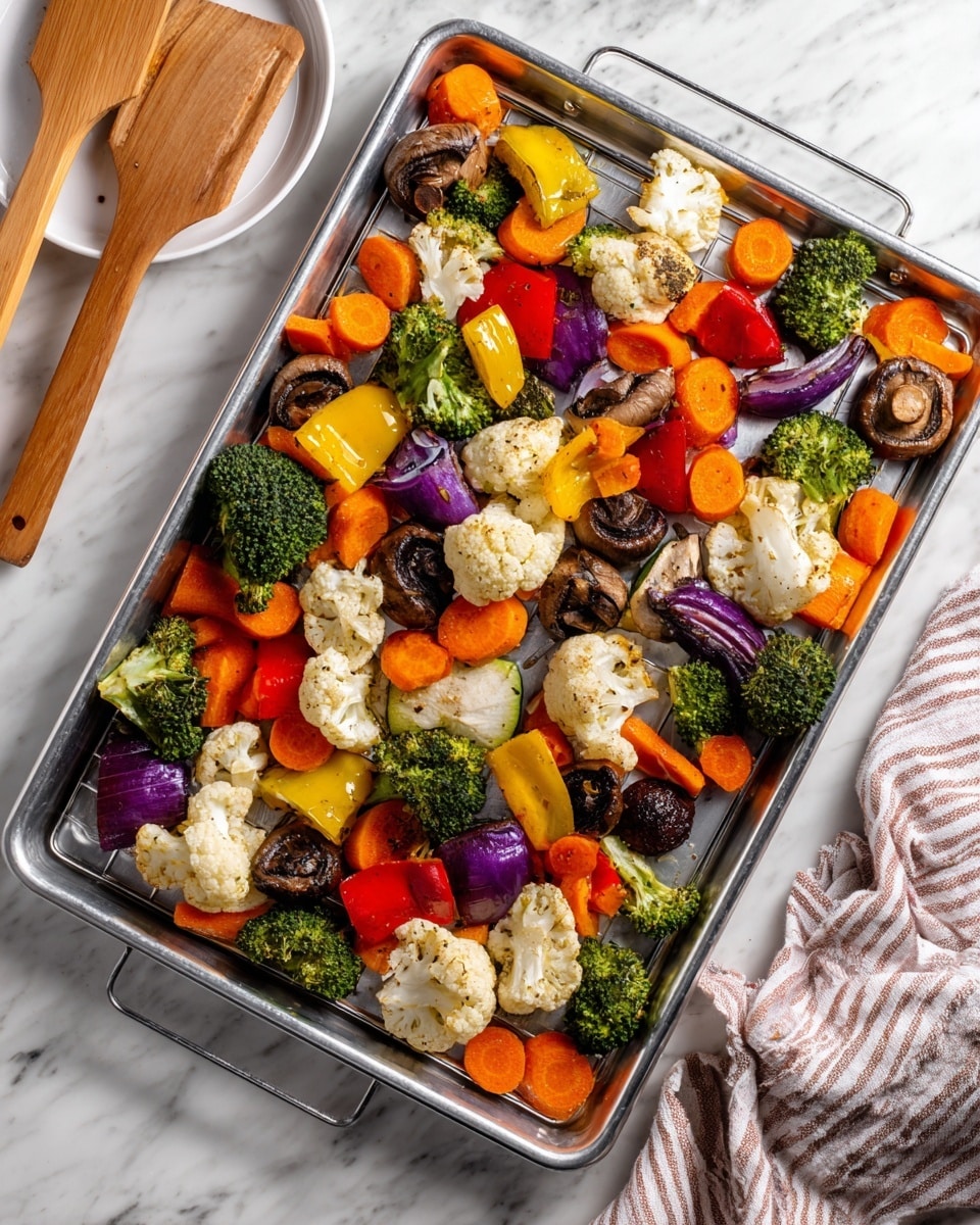 A metal rack filled with one layer of roasted vegetables including bright orange carrot slices, white cauliflower florets, green broccoli pieces, deep purple onion wedges, yellow squash slices, red bell pepper chunks, and dark brown mushrooms. The vegetables show slight charring and a mix of soft and firm textures. The rack is placed on a white marbled surface, with a white plate partially visible at the top and wooden kitchen tools and a striped cloth at the bottom right corner. Photo taken with an iphone --ar 4:5 --v 7