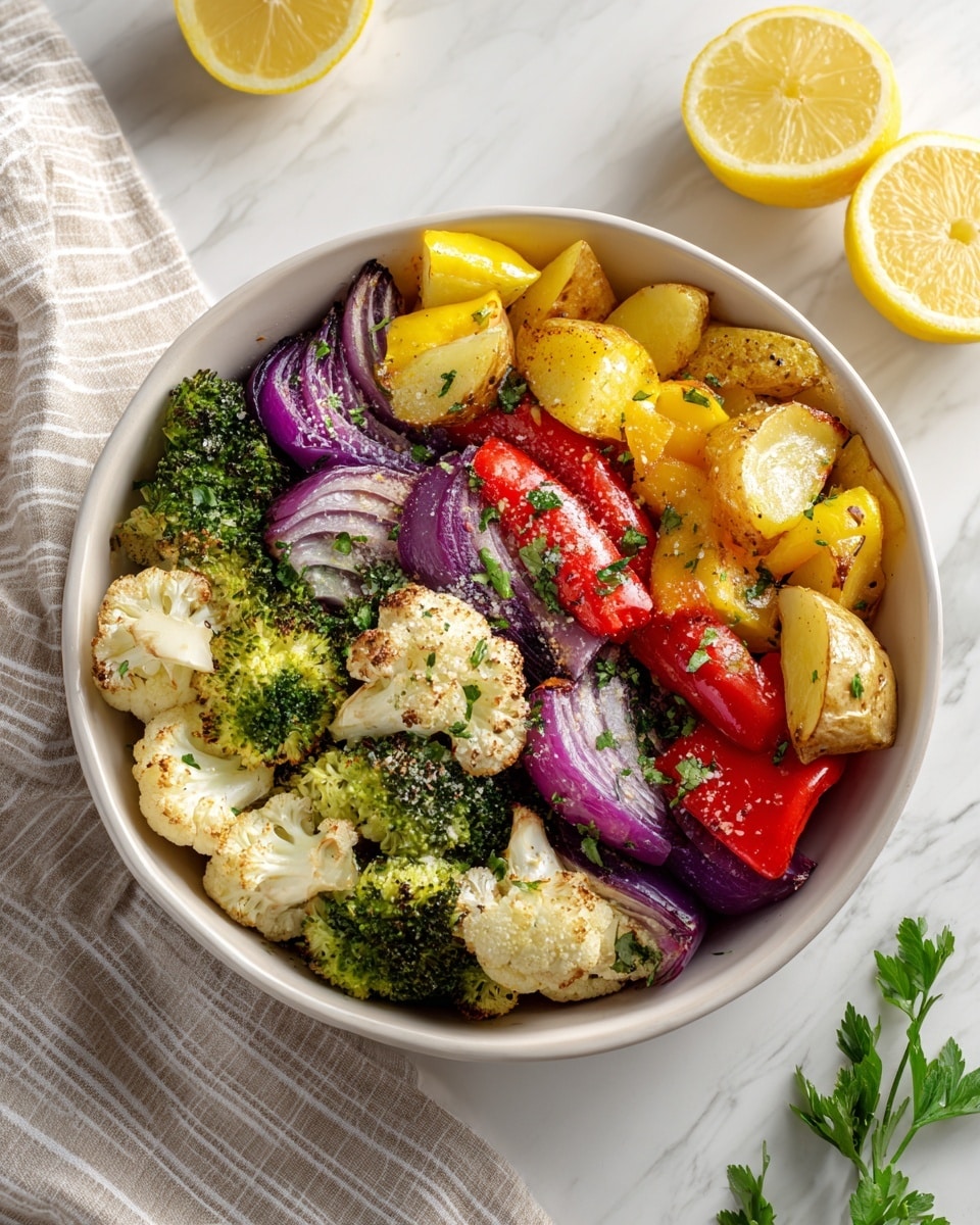A round white plate filled with several layers of roasted vegetables, including dark green broccoli florets, light creamy cauliflower pieces, bright red bell pepper chunks, yellow potato wedges, and deep purple onion segments, all mixed together with scattered green herb leaves. The vegetables have a slightly charred texture and are sprinkled with a fine white powder resembling grated cheese or seasoning. Around the plate are lemon wedges and additional green herb leaves on a white marbled surface, with a striped beige and white cloth partially visible at the top of the image. photo taken with an iphone --ar 4:5 --v 7