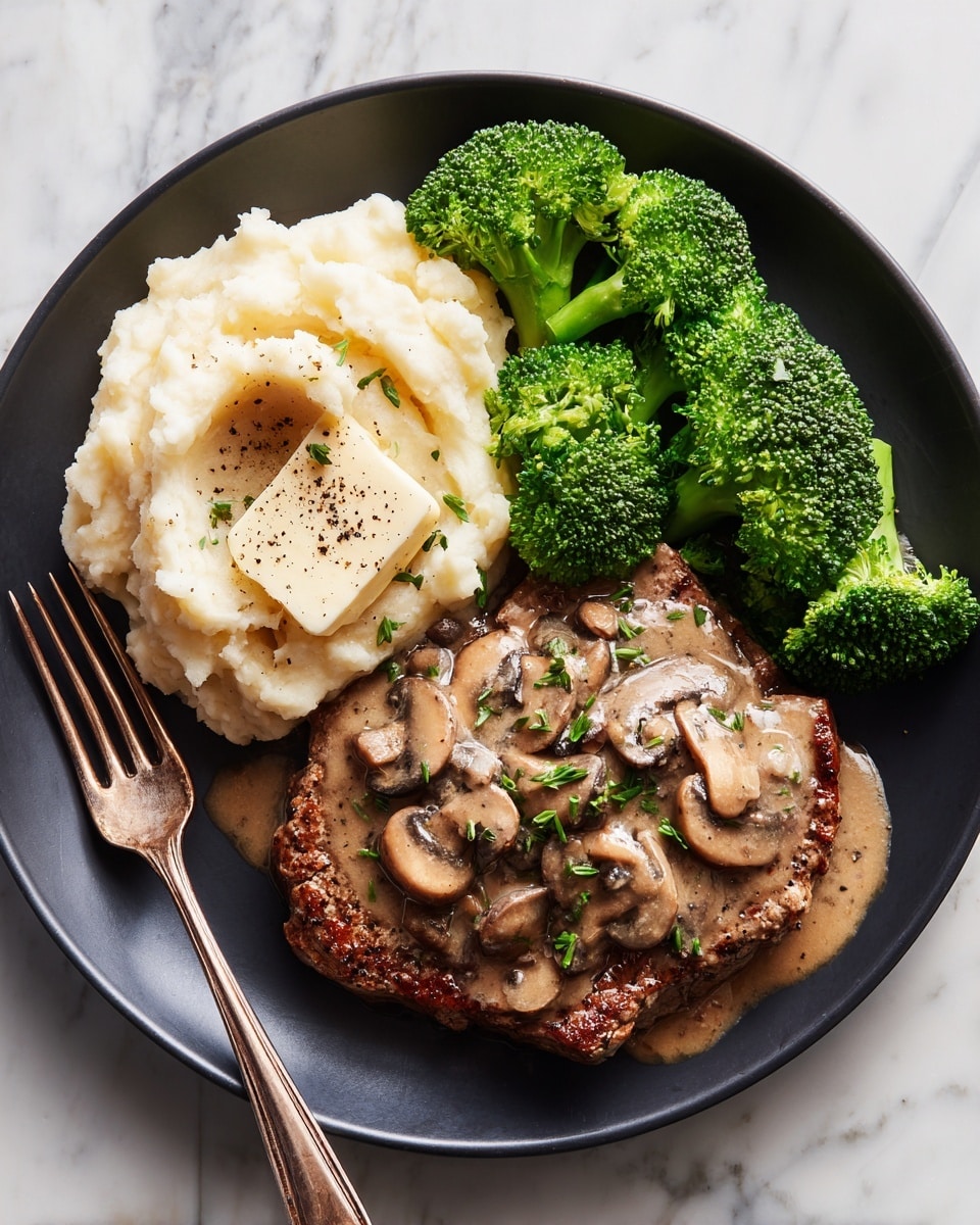 A black plate on a white marbled surface holds a meal with three parts: on the bottom right is a brown grilled steak topped with a thick mushroom sauce in light brown color, with sliced cooked mushrooms on top and green herb bits sprinkled over; above the steak is a bright green bunch of steamed broccoli with a firm texture; on the left side is a creamy mound of mashed potatoes in off-white, with a small dollop of butter melting on top and a sprinkle of black pepper. A woman's hand is holding a fork near the plate. Photo taken with an iphone --ar 4:5 --v 7