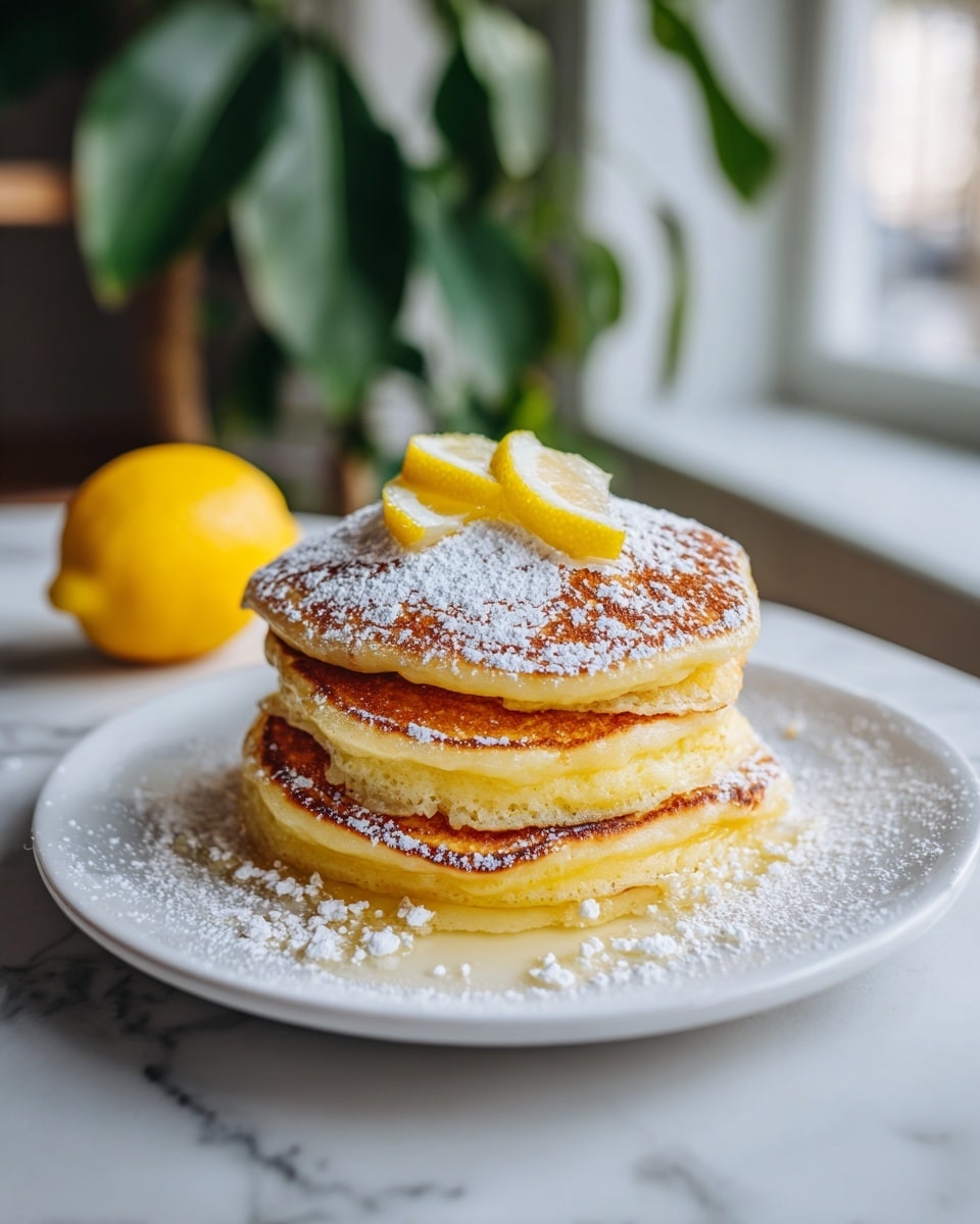 A stack of four thick, golden-brown pancakes sits in the middle of a white plate on a white marbled surface. The pancakes have a soft, fluffy texture with slightly darker, crisp edges. Powdered sugar is sprinkled generously on top, adding a light dusting of white around the stack and on the plate. Two bright yellow lemon wedges rest atop the pancakes, adding a fresh, vibrant contrast to the warm colors. In the blurred background, a whole lemon and some green leaves are visible, giving a natural and fresh feel. photo taken with an iphone --ar 4:5 --v 7