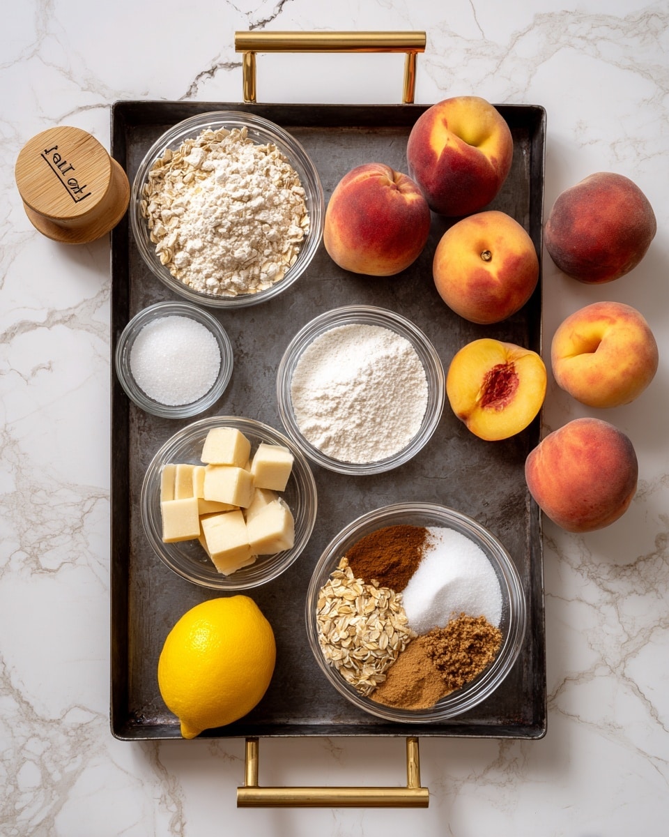 A dark metal tray with gold handles holds several small clear bowls and ingredients arranged neatly, placed on a white marbled surface. There are five whole peaches with pink and orange skin positioned in the top right and scattered near the center. Near the top left is a small wooden container labeled