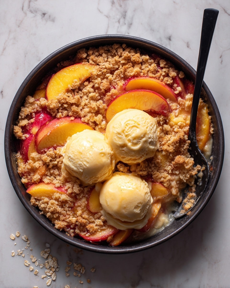 A white cast iron skillet filled with a warm peach crumble, showing a golden-brown oat topping with a rough, crumbly texture covering the peaches underneath. The peaches are soft, juicy, and bright orange with some bits peeking through the topping. On the center of the crumble, there are three melting scoops of creamy vanilla ice cream with smooth, slightly melting edges blending into the crumble. A black spoon is resting in the skillet on the top right side, partially sunk into the crumble. The skillet is placed on a white marbled surface with some scattered oats around it. Photo taken with an iphone --ar 4:5 --v 7