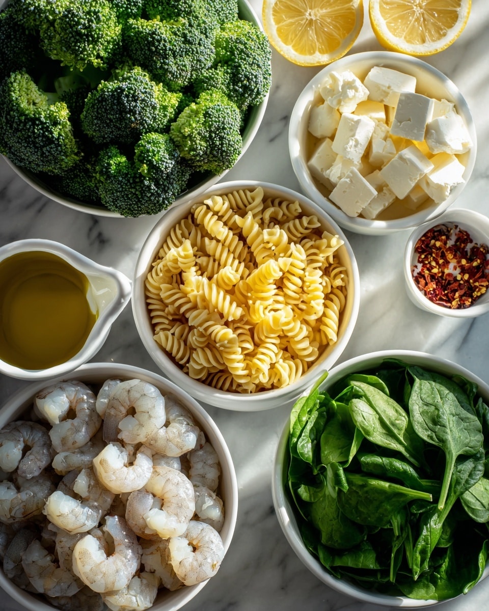 The image shows eight white bowls and one white small pitcher on a white marbled surface. The largest bowl in the top right holds bright green broccoli florets with a rough texture. Below and to the left is a bowl filled with raw shrimp that are pale gray with some darker stripes, curled tightly in soft curves. Next to it is a bowl of pale yellow spiral pasta, looking dry and firm. To the right of the pasta is a bowl of fresh spinach leaves, deep green and smooth. Above the shrimp is a bowl with large white chunks of soft cheese with a crumbly texture. Above the spinach is a bowl holding two bright yellow lemon halves cut to show their juicy segments. There are two smaller white bowls near the cheese and shrimp; one contains finely chopped garlic that is pale yellow and finely minced, the other has red chili flakes. A small white pitcher at the bottom holds golden olive oil. The scene is lit with bright natural light, showing clear shadows. photo taken with an iphone --ar 4:5 --v 7