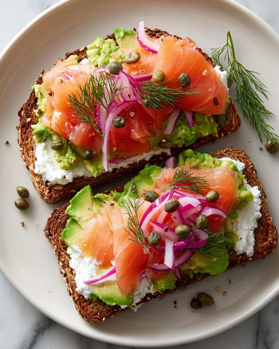 A slice of multigrain bread topped with a creamy green avocado spread as the first layer, followed by thin red onion rings and bright red tomato slices, all finished with several folded slices of pinkish-orange smoked salmon layered neatly on top. The toast is placed on a white plate set on a white marbled surface, and a woman's hand is gently holding the plate's edge. The colors are fresh and vibrant, with the green, red, and pink hues contrasting against the textured bread. photo taken with an iphone --ar 4:5 --v 7