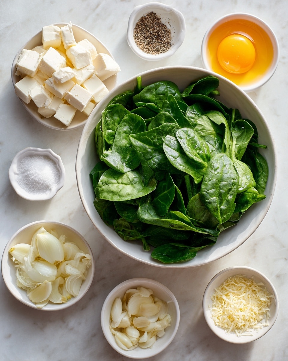 The image shows a large white bowl filled with fresh, bright green spinach leaves, neatly arranged and filling the bowl. Surrounding the bowl on a white marbled surface are small white dishes containing cubed white cream cheese, a light brown raw egg yolk, small cubes of pale yellow butter, a heap of white granulated sugar, a pile of off-white salt, finely chopped translucent white onions, a mix of light yellow and white shredded garlic pieces, and black pepper. The setup looks clean and organized, with natural light highlighting the colors and textures of the ingredients, photo taken with an iphone --ar 4:5 --v 7