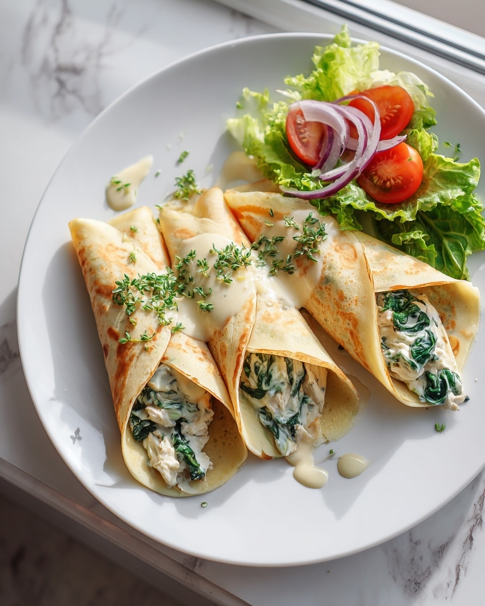Three crepes with a golden-yellow outer layer are rolled and cut in half to show a creamy filling of white chicken chunks and bright green spinach leaves inside. The crepes are placed on a white plate in a triangular stack, with some creamy sauce drizzled over the top and small green herb sprinkles scattered around. On the right side of the plate, there is a fresh salad made of dark and light green lettuce, halved red cherry tomatoes, and thin slices of purple onion. The plate rests on a white marbled surface with some chopped green herbs placed nearby. Photo taken with an iphone --ar 4:5 --v 7