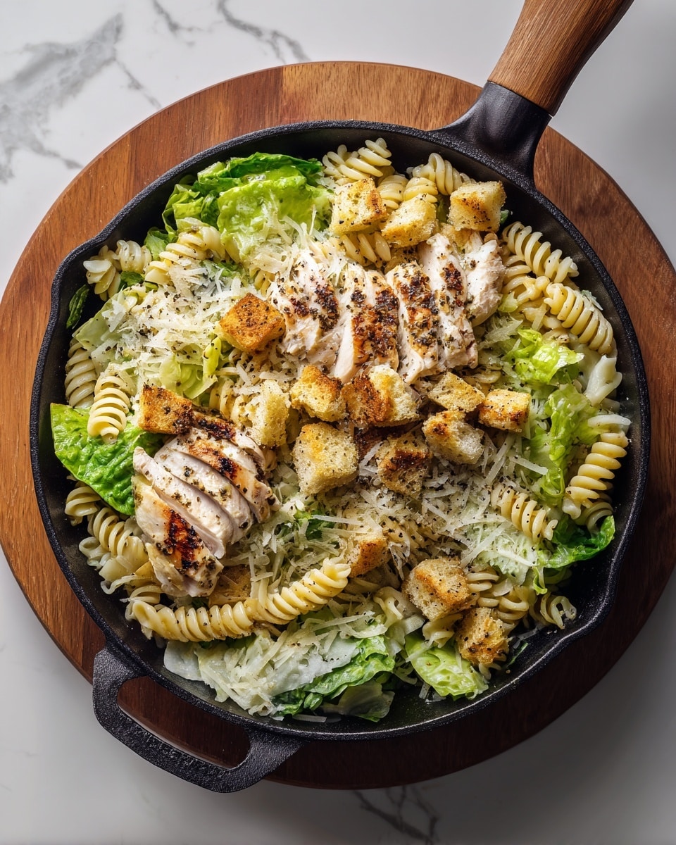 A black skillet on a wooden board holds one layer of curly, light yellow pasta spirals. On top of the pasta are grilled strips of light brown chicken with visible grill marks, golden brown croutons, and bright green romaine lettuce leaves scattered evenly. Shavings of pale yellow cheese and small black pepper specks are sprinkled throughout the dish. The background is a white marbled countertop with a white tiled wall and a small green plant in a white pot. Photo taken with an iphone --ar 4:5 --v 7