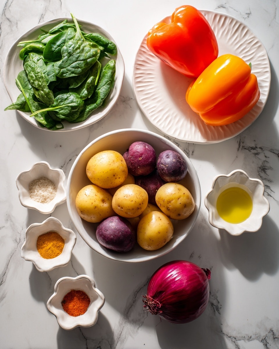 The image shows several bowls arranged on a white marbled surface. In the center is a white bowl filled with small potatoes of three colors: yellow, red, and purple. To the top right is a white plate holding two whole bell peppers, one orange and one red. On the top left is a white bowl filled with fresh green spinach leaves. Toward the top right is a small white bowl with yellow oil. Around these are three small beige bowls with different powdered spices: reddish, light yellow, and pale orange. At the bottom right is a white scalloped bowl holding one whole red onion. The light creates soft shadows, and the bowl colors are all white except for the food inside. Photo taken with an iphone --ar 4:5 --v 7