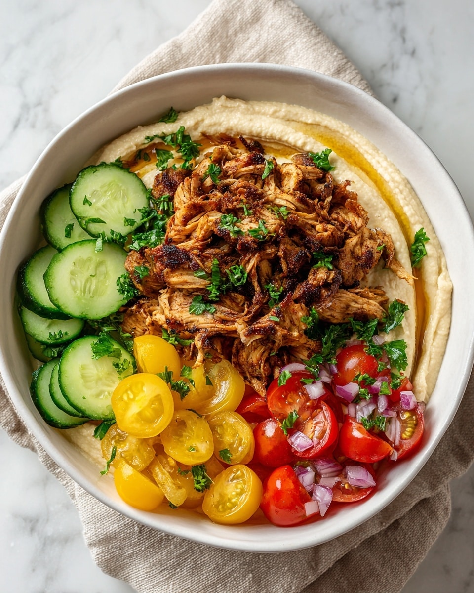 Four bowls sit on a white marbled surface, each filled with colorful layered food. Each bowl has a base layer of light beige rice, topped with bright green chopped cucumbers on one side and fresh curly kale on another side. Two bowls have grilled sliced chicken pieces with a golden brown color placed on top of the rice. One bowl has a creamy white layer of hummus swirled into a circle on top of the rice, with a drizzle of golden olive oil and a sprinkle of red spice in the center. Another bowl includes sautéed mushrooms with a dark brown color beside the cucumber, on top of a thick yellow hummus. One bowl features halved cherry tomatoes with a rich red hue next to the hummus and chicken. The bowls are white, creating a fresh, clean look. Photo taken with an iphone --ar 4:5 --v 7