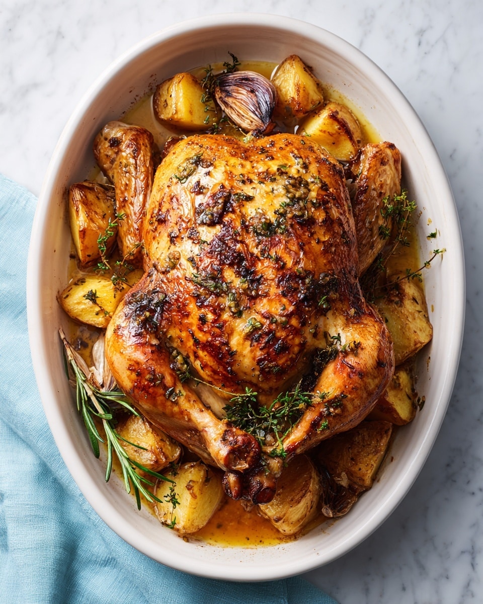 A whole roasted chicken with golden brown, slightly charred skin covered in small green herb leaves sits in the center of a large white oval dish. Around the chicken's base are several golden roasted potato chunks, caramelized garlic cloves with purple skins, and fresh dark green rosemary sprigs nestled in a pool of shiny cooking juices. The white marbled surface beneath the dish adds a clean and bright background, with a soft blue cloth draped nearby. Photo taken with an iphone --ar 4:5 --v 7