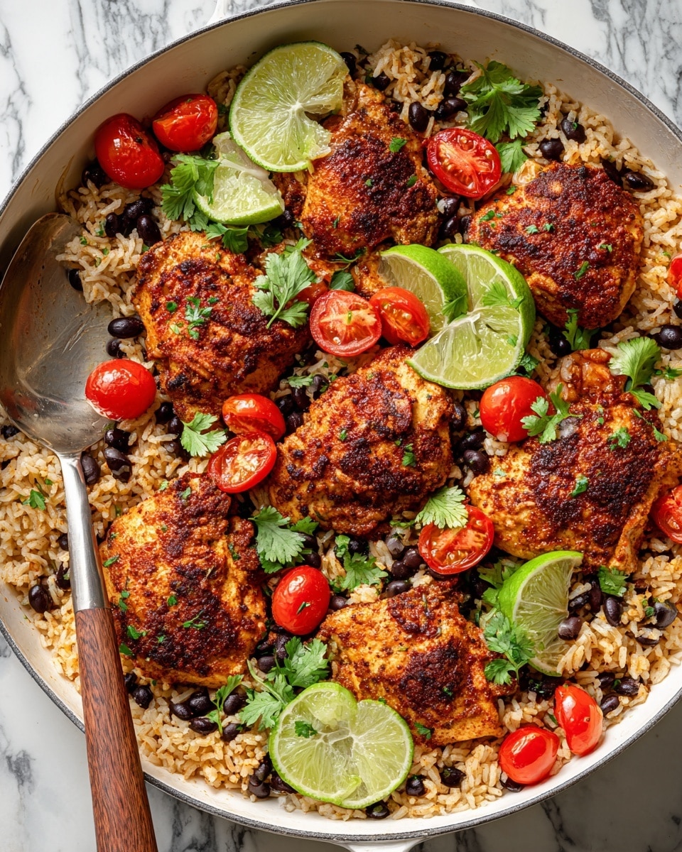 A large white pot filled with several pieces of dark brown, spiced cooked fish on top of a bed of light brown rice mixed with black beans. Scattered cherry tomato halves add bright red color over the fish and rice. Fresh green cilantro leaves and lime wedges are placed around the dish adding freshness and contrast. A wooden spoon with a silver scoop rests inside the pot on the left side, with some rice on it. The pot sits on a white marbled surface with a light cloth in the background. photo taken with an iphone --ar 4:5 --v 7