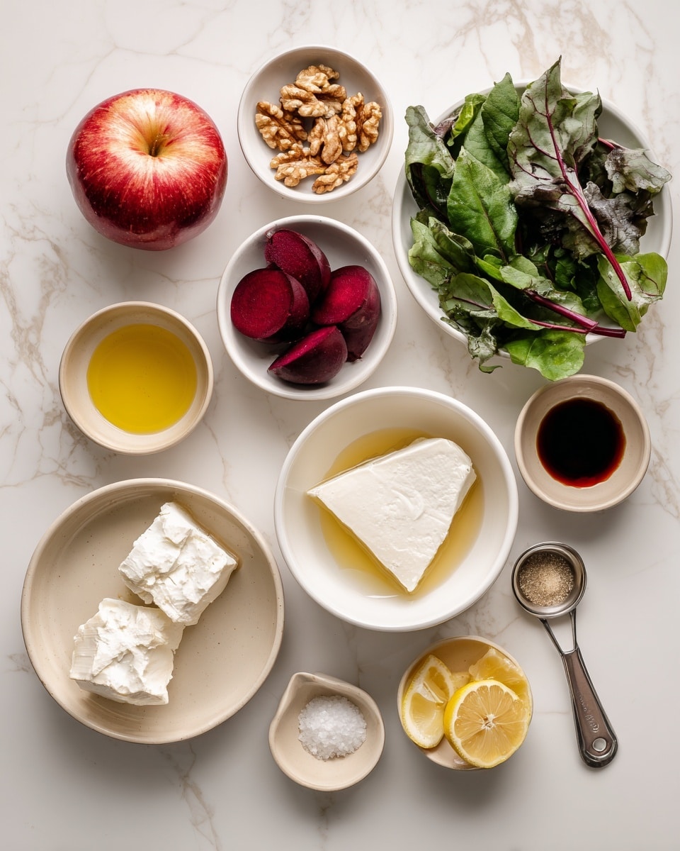The image shows a flat lay of several white bowls and small beige dishes arranged on a white marbled surface. There is a whole red apple in one white bowl, next to it a bowl with mixed dark green leaves. A white bowl holds walnut pieces, while another white bowl contains four whole peeled red beets. A beige dish has two pieces of white cheese, and a small beige dish with some white powder is nearby. There is also a small beige dish with two lemon slices, a tiny dish with dark balsamic vinegar, a white bowl with golden olive oil, and a small beige dish with honey and a metal measuring spoon. The setup appears clean and bright, ingredients neatly separated. Photo taken with an iphone --ar 4:5 --v 7