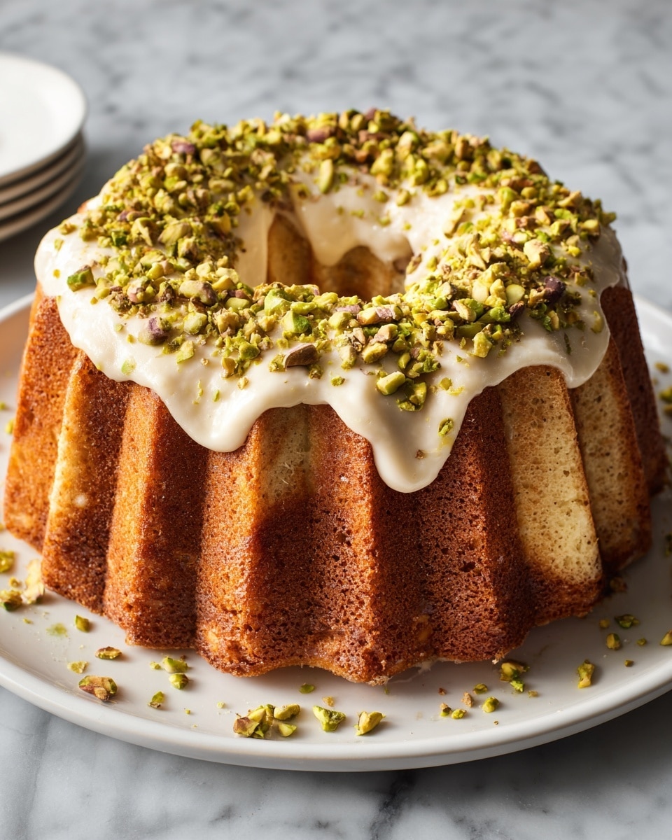 A bundt cake with a golden brown, textured surface stands on a white plate. The cake is topped with a thick layer of light cream glaze that drips slightly down the edges. On top of the glaze is a generous pile of chopped green pistachios, some spilling onto the white marbled surface below. The cake has a ridged shape with smooth but firm sides. photo taken with an iphone --ar 4:5 --v 7