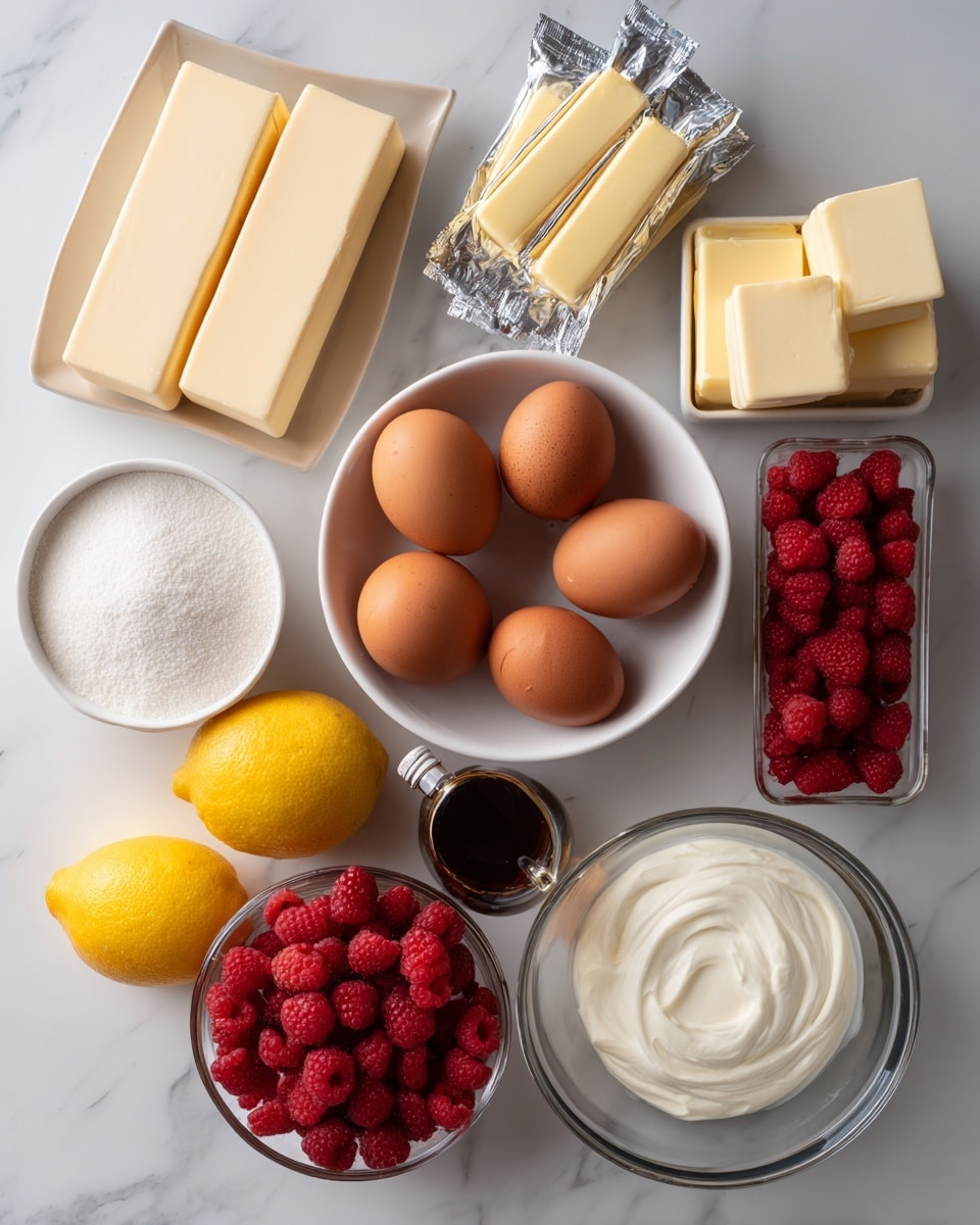 A top view of baking ingredients arranged neatly on a white marbled surface. In the center, a white bowl holds five brown eggs, surrounded by two packs of beige caramel blocks on the left and a white bowl filled with white granulated sugar below it. Above the sugar bowl, there are four foil-wrapped sticks of butter, and next to them are two small rectangular boxes of white butter. To the right of the eggs are two clear plastic containers filled with bright red raspberries, and below them is a smooth yellow lemon and a small glass bowl with thick white cream. A dark brown bottle labeled vanilla extract stands beside the raspberries. photo taken with an iphone --ar 4:5 --v 7