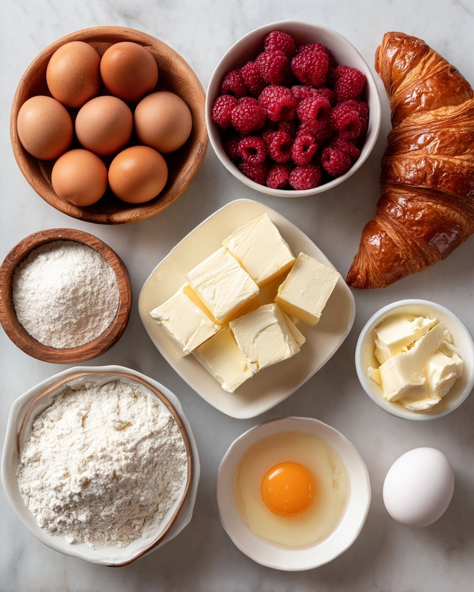 The image shows an arrangement of baking ingredients on a white marbled surface. There are three groups of eggs, six brown ones together on the left, one brown near a croissant on the top right, and two white eggs at the bottom. Three bowls hold raspberries: a wooden bowl on top, a white bowl in the center, and a small white bowl at the bottom right. In the middle-right, five thick cubes of cream cheese or butter sit on a white square plate, next to an empty white bowl with a single cracked egg showing a bright orange yolk. A pat of butter rests on a small round white plate near the center bottom. A glass bowl filled with white flour is at the top left, and a small wooden bowl with more flour is at the bottom left. A shiny, golden-brown croissant is at the top right. The items are neatly spaced, presenting a fresh and clean look photo taken with an iphone --ar 4:5 --v 7