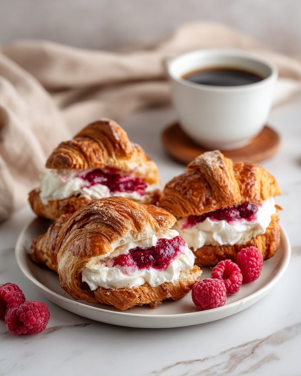 The image shows three croissants on a white plate, each sliced in half and filled with a thick layer of white cream mixed with fresh red raspberries. The croissants have a golden-brown, flaky and shiny crust with visible layers. Some extra raspberries are placed on the plate around the croissants. In the background, there is a white cup with black coffee sitting on a round brown coaster and a beige cloth, all set on a white marbled surface. photo taken with an iphone --ar 4:5 --v 7